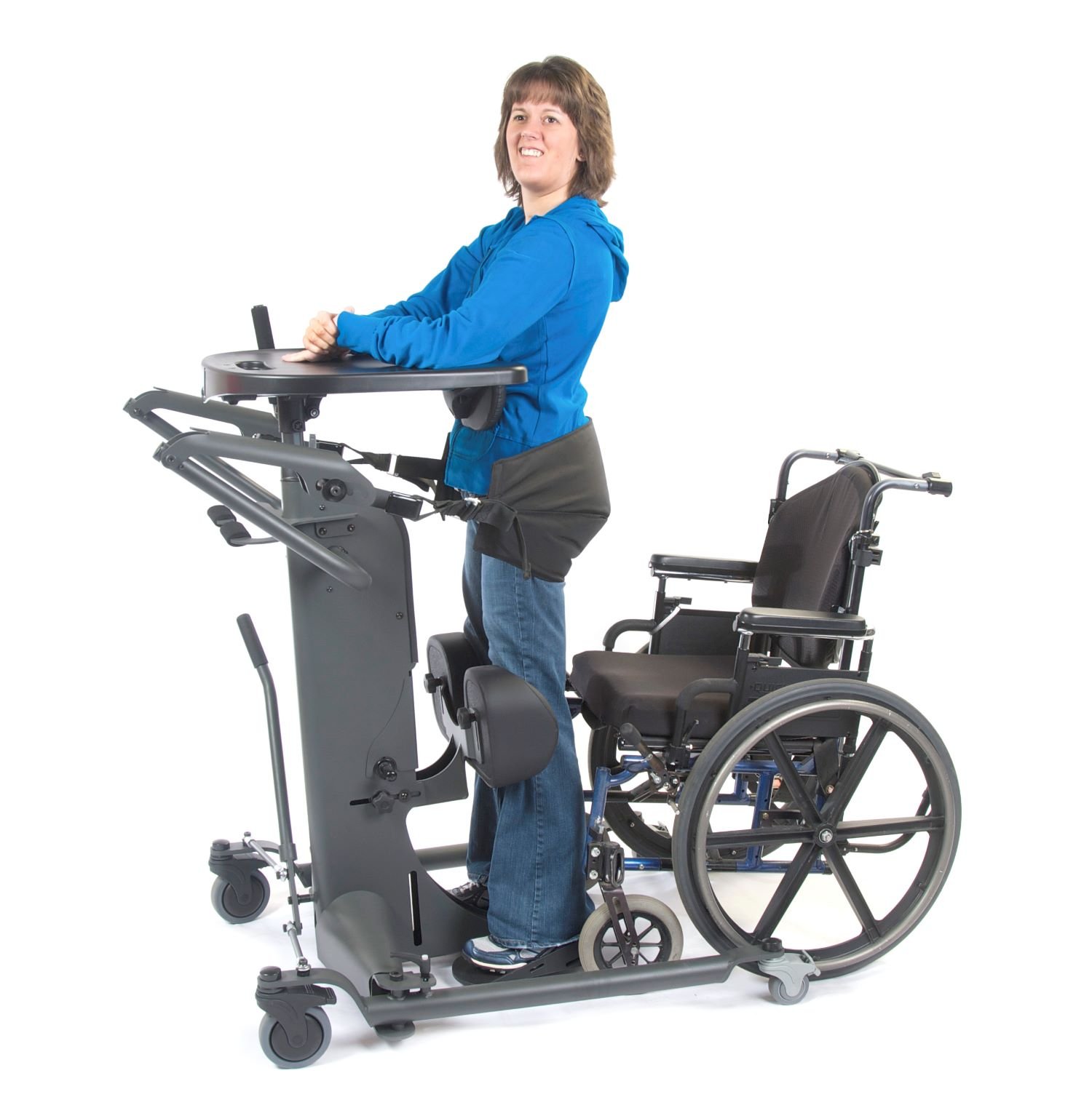 Female standing in EasyStand Strapstand product smiling