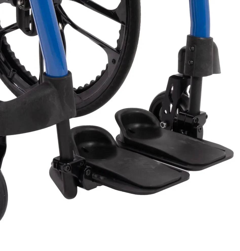 Close-up of a shower commode's footrests and part of the wheel with a blue frame.