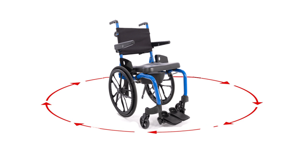 A blue-framed shower commode chair with graphics of red arrows in a circle representing its full turning radius.