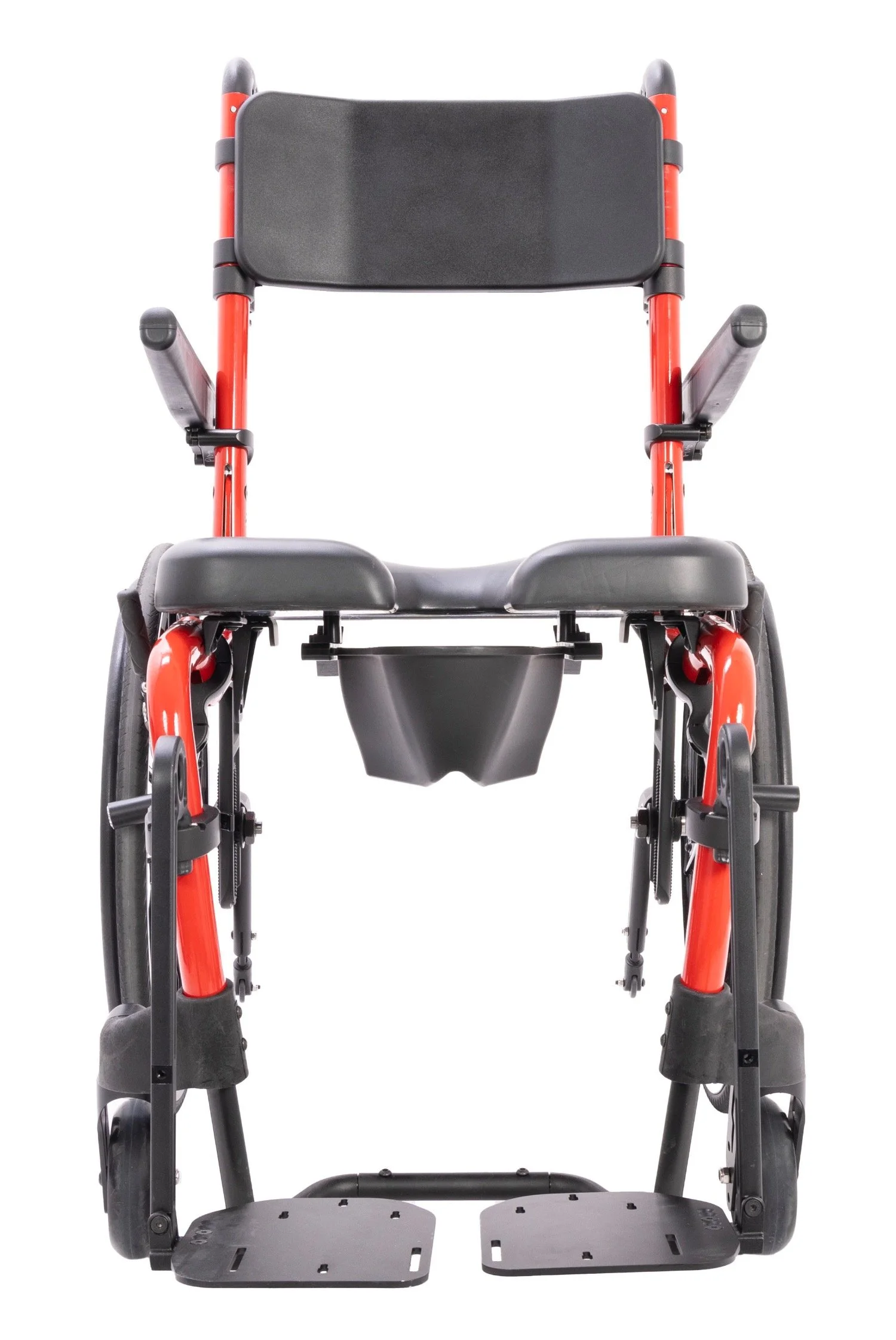 Closeup of a red shower commode chair frame with a black cushioned seat.