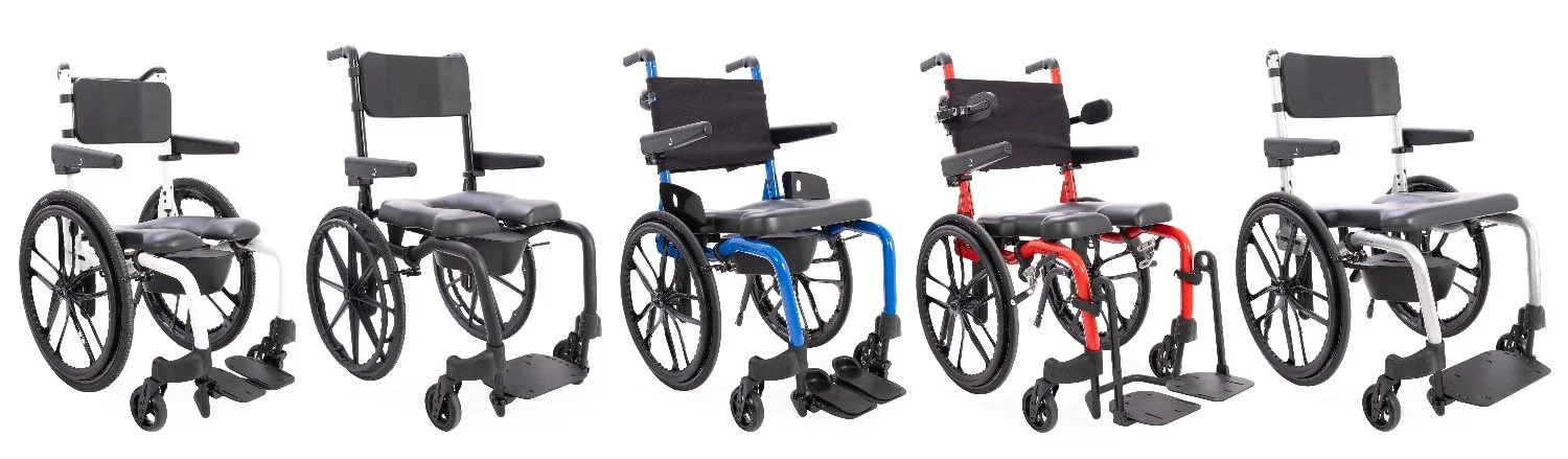 A lineup of six shower commodes, each with different frame colours, including white, black, blue, red, and silver.