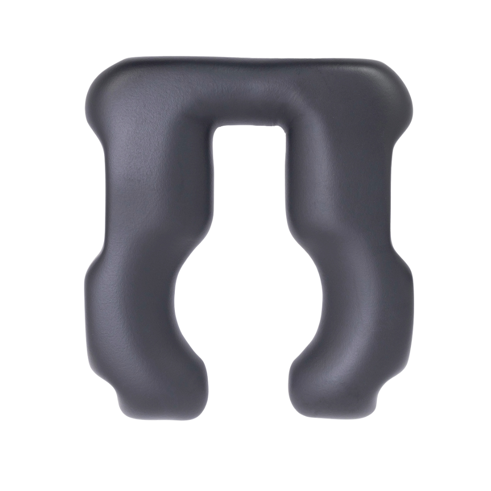 A black plastic shower commode seat shaped like a horseshoe.