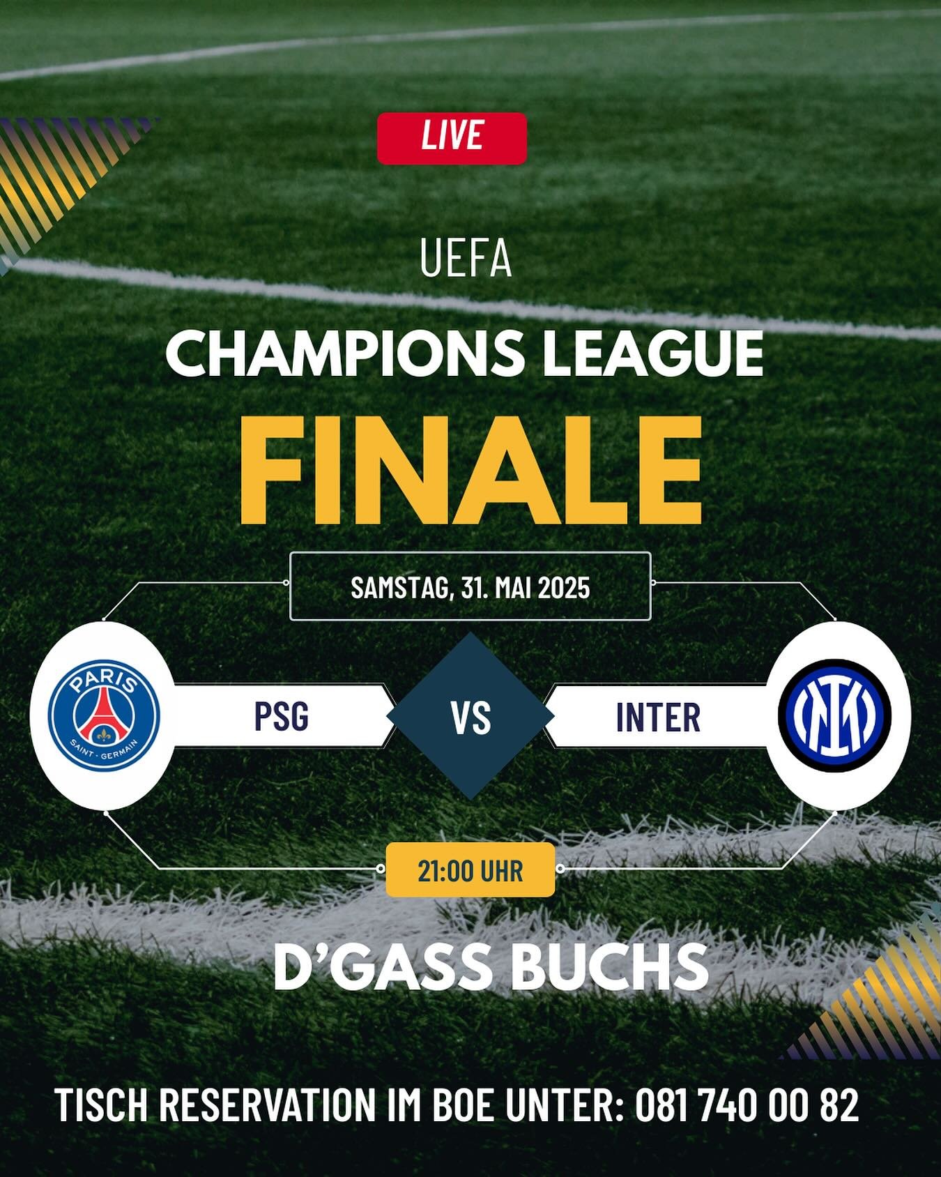 Champions League Finale Live in der Gass

31. Mai 2025, 21.00 Uhr

Tisch Reservation im Boe empfohlen (081 740 00 82)

#fussball #championsleague #live&uuml;bertragung