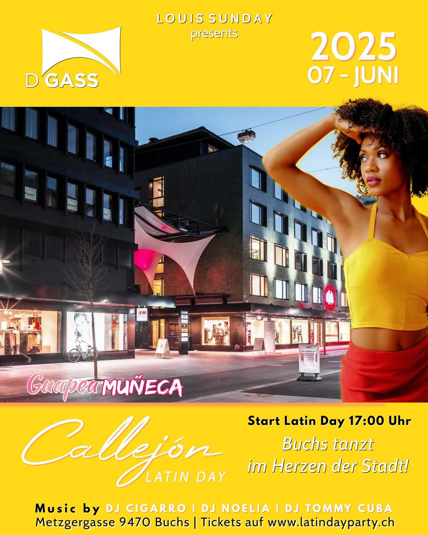 📆 Samstag, 7. Juni 2025 | ⏰ 17:00&ndash;22:00
📍 D&rsquo;Gass Buchs &ndash; Treffpunkt im Herzen der Stadt
📍 Skybar Buchs - Enjoy the Top

Programm:
🌟 15:00&ndash;16:00 Bachata-Kurs mit Sabi &amp; P&auml;di
🌟 16:00&ndash;17:00 Salsa-Kurs mit Marc