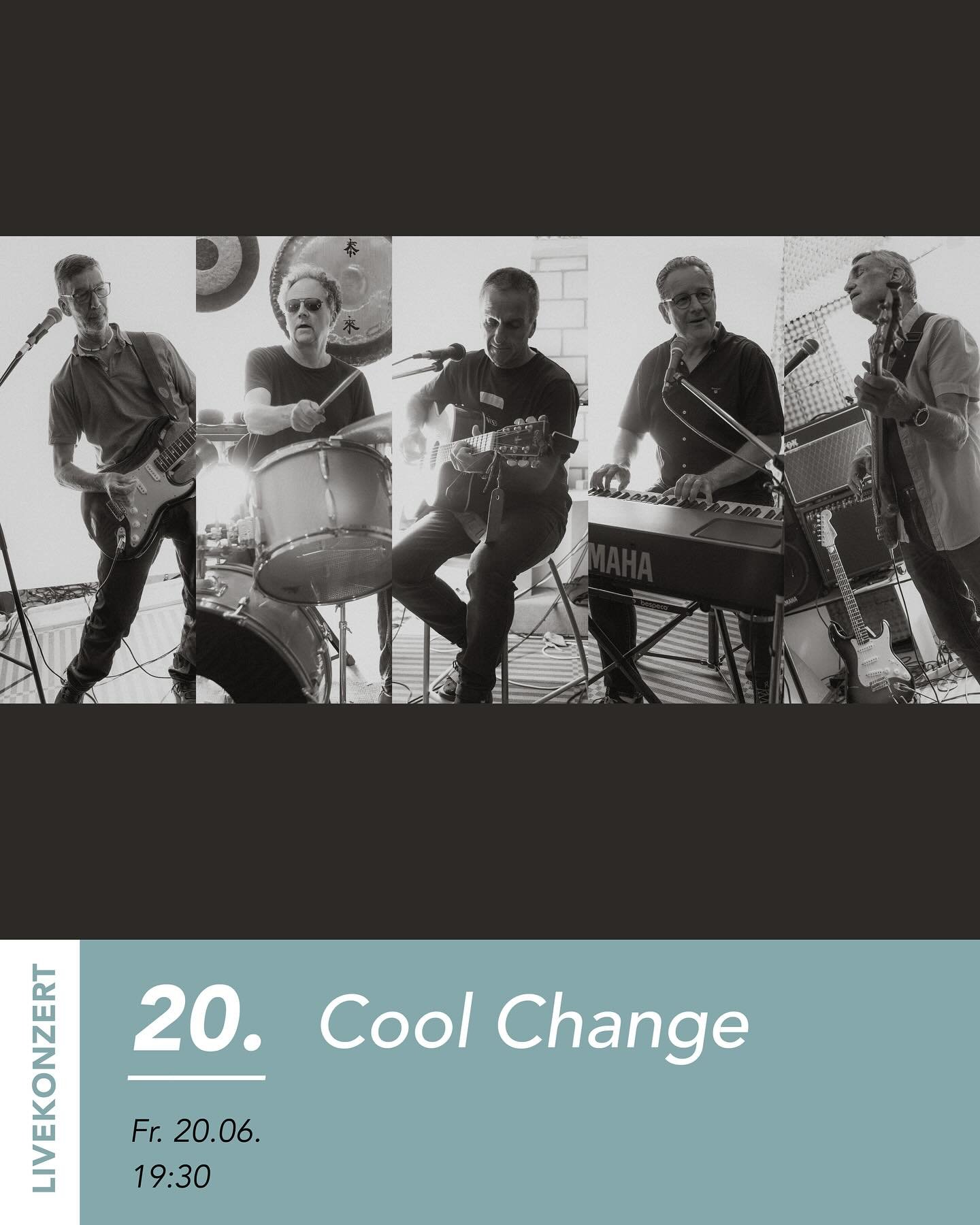 Freitag, 20. Juni 2025, 19.30 Uhr

Livemusik: Cool Change

Vom harten Rock zum melancholischen Blues, vom l&uuml;pfigen Country zur wehm&uuml;tigen Popballade. Unsere Formationen wechseln immer mal wieder, sozusagen &bdquo;cool change&ldquo; 

#coolc