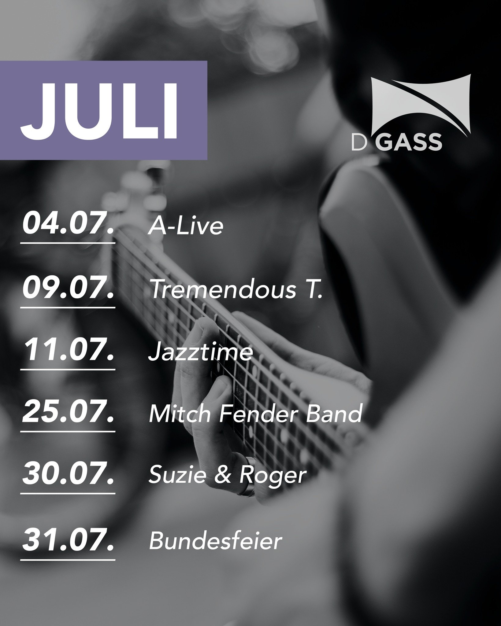 Programm Juni 2025

An folgenden Abenden finden KEINE Konzerte statt:

2./16./18. &amp; 23. Juli (FUSSBALL EM FRAUEN)