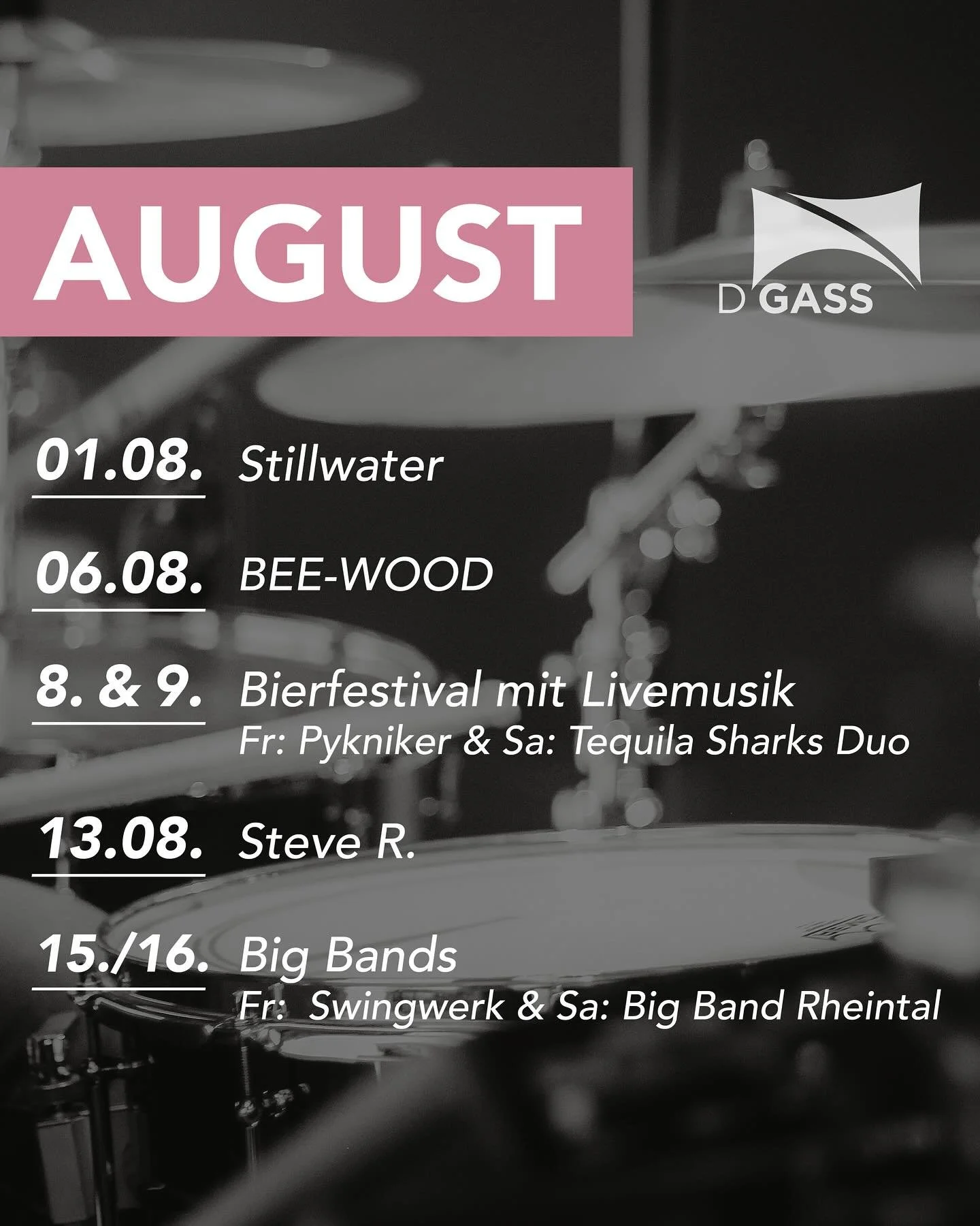 Programm August - Teil 1

@walterschweizer5 
@werdenbergerbierfest 
@stiristar 
@swingwerk.big.band 
@sscbigband