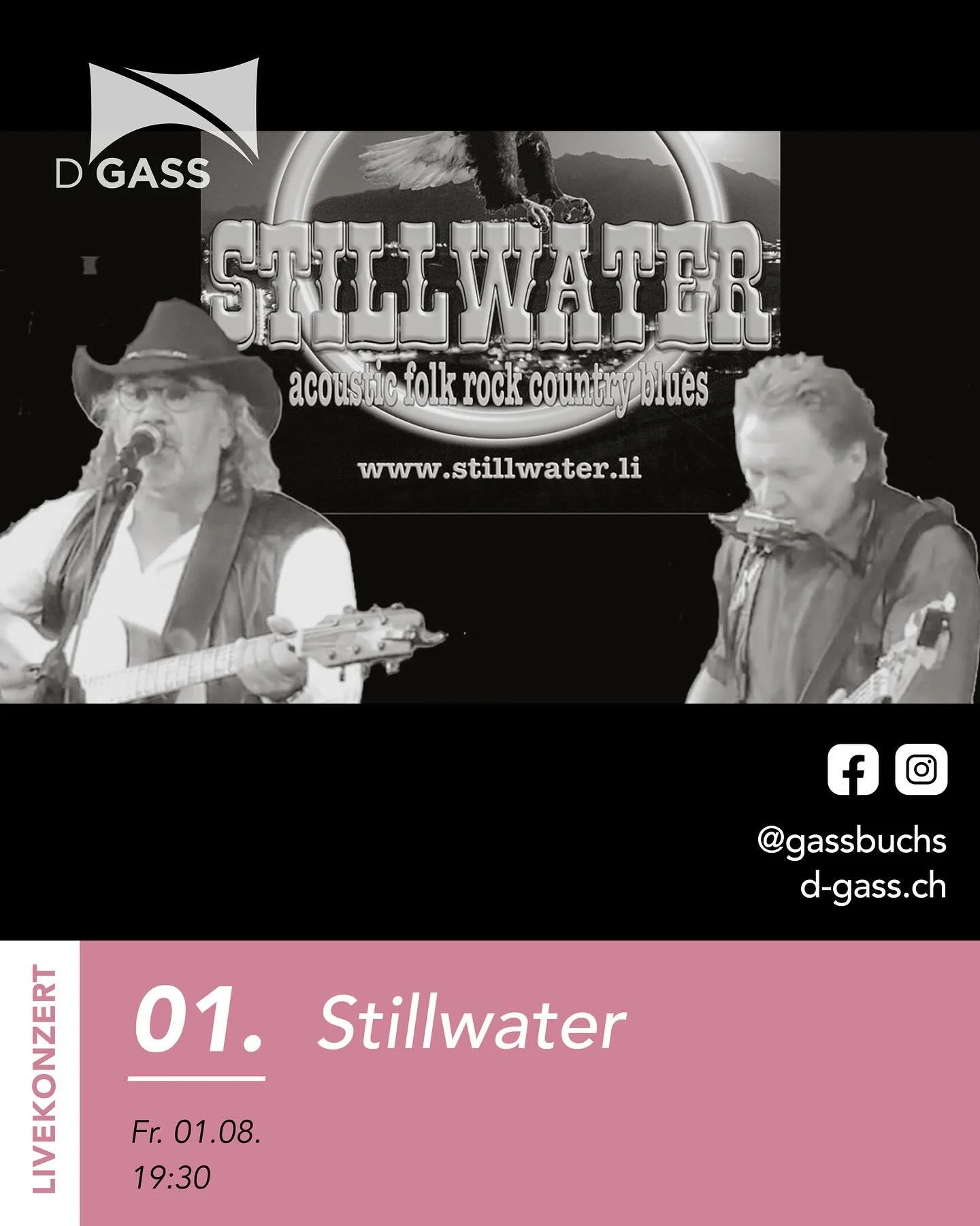 Freitag, 1. August 2025, 19.30 Uhr

Livekonzert Stillwater

Seit nunmehr 30 Jahren begeistert Walter Schweizer, alias Stillwater, sein Publikum mit Eigenkompositionen und ausgew&auml;hlten Covers.
Sein Name passt perfekt zum Schweizer Nationalfeierta