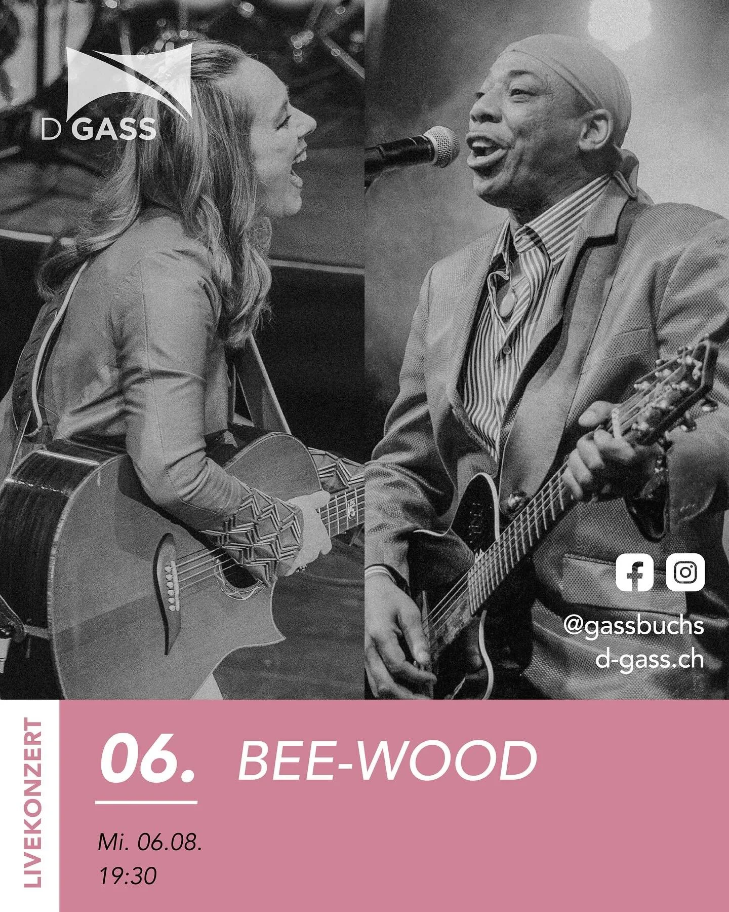 Mittwoch, 6. August 2025, 19.30 Uhr

BEE-WOOD

Bella Farny und Larry Woodley verbinden als Duo BEE-WOOD ihre k&uuml;nstlerischen Talente.

Beide sind erfolgreiche Komponisten und Entertainer: Bella als Songwriterin (EP I Bruche Zyt /Time for Myself )