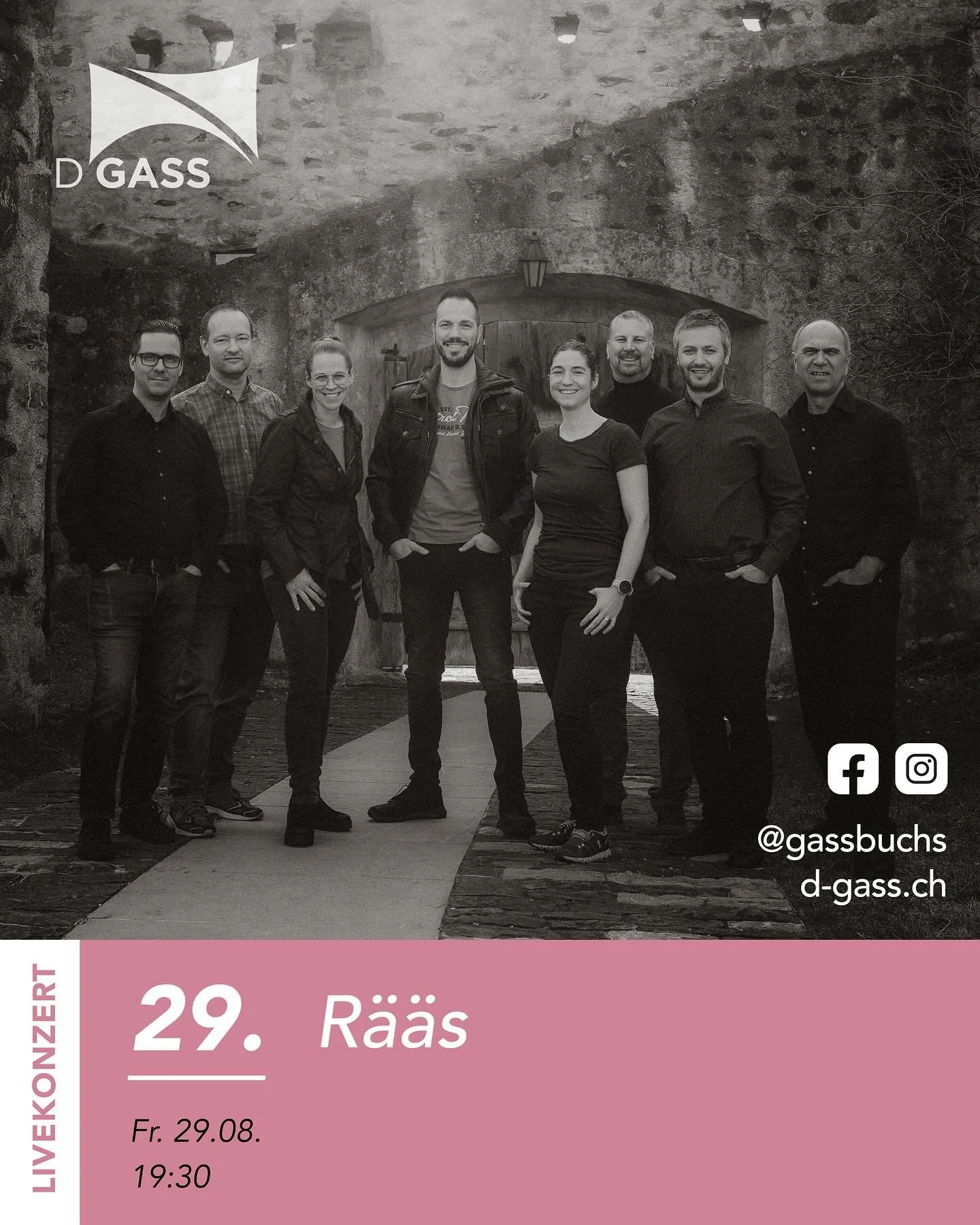 Freitag, 29. August 2025, 19.30 Uhr

Zum Abschluss der Summergass, als letztes Konzert:

Mit ihrer ehrlichen und eing&auml;ngigen Musik, tief verwurzelt im Balzner Dialekt, hat R&auml;&auml;s nicht nur die B&uuml;hnen Liechtensteins erobert, sondern 
