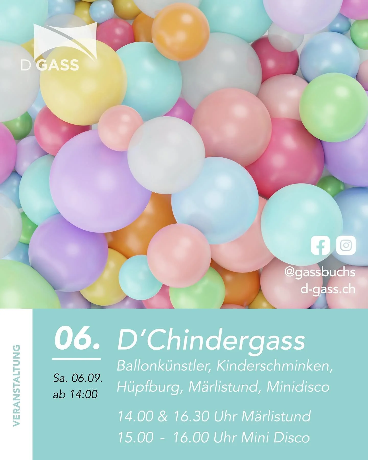 Samstag, 6. September 2025, ab 14:00 Uhr

🎉 Chindergass &ndash; Ein Tag voller Spass f&uuml;r die ganze Familie! 

Programm:
Kinderschminken 🎨
H&uuml;pfburg 🏰
M&auml;rlistund (14:00 &amp; 16:30 Uhr) 📖
Minidisco (15:00 - 16:00 Uhr) 
Kommt vorbei u