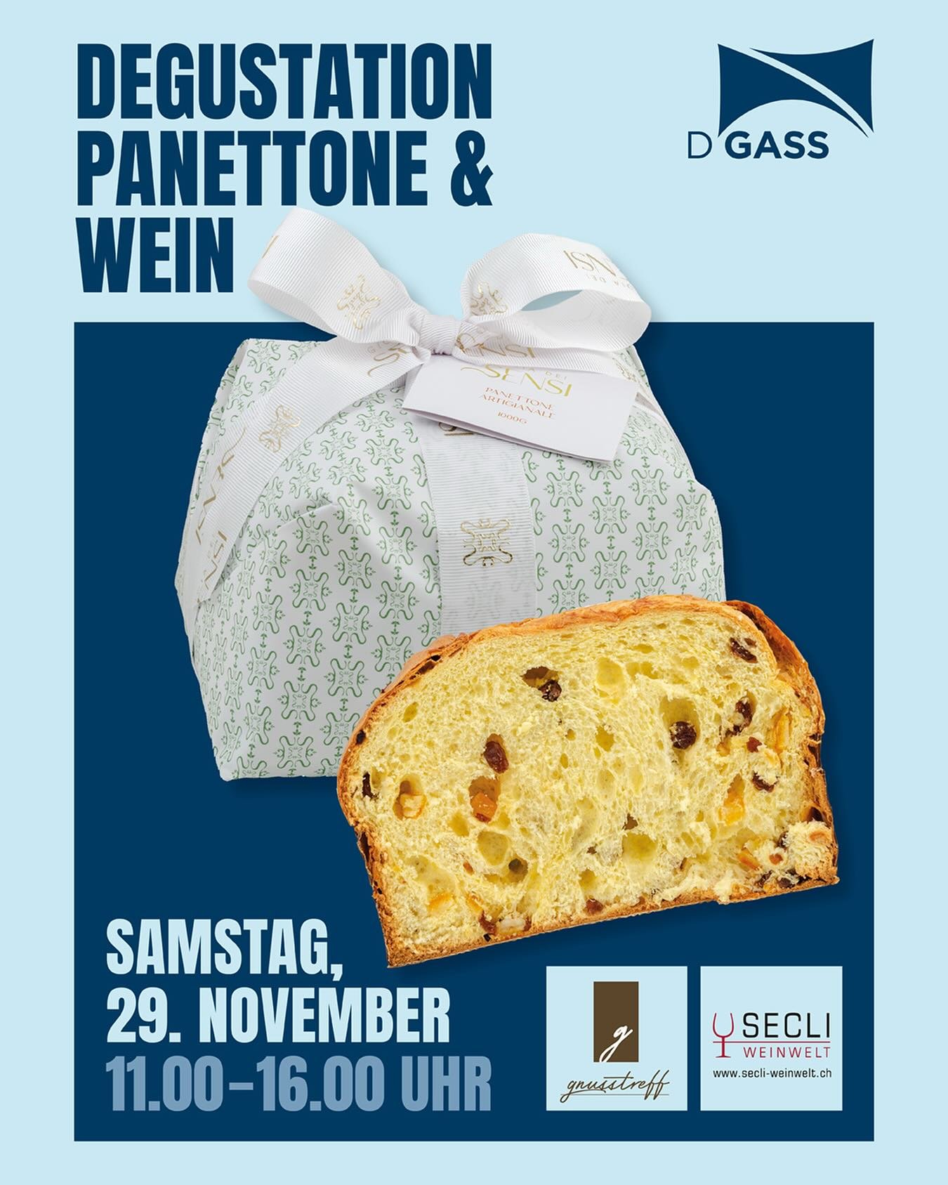 🎄 Degustation Panettone &amp; Wein 🍷🍰

Geniesse verschiedene, feinste Panettone Kreationen vom @gnusstreff kombiniert mit ausgew&auml;hlten Weinen aus der SECLI Weinwelt @secli_weinwelt 

📅 Samstag, 29. November 2025
🕚 11.00 &ndash; 16.00 Uhr
📍