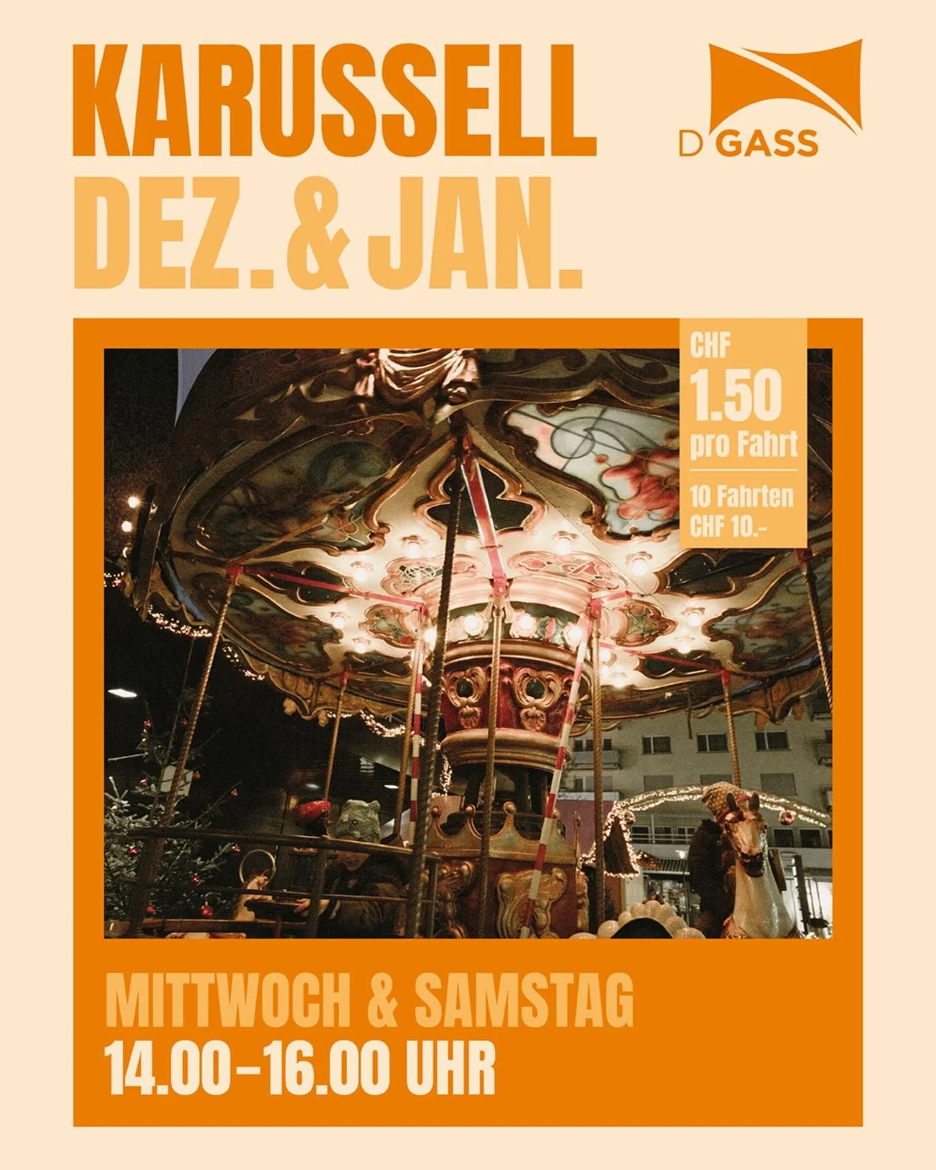 🎠 Karussellfahrt in der Gass 🎠

Ein St&uuml;ck Nostalgie mitten in der Stadt -

jeden Mittwoch &amp; Samstag von 14&ndash;16 Uhr! ⏰

F&uuml;r nur CHF 1.50 pro Fahrt

Komm vorbei, dreh eine Runde und geniesse die Vorweihnachtszeit.

#karusell #weihn