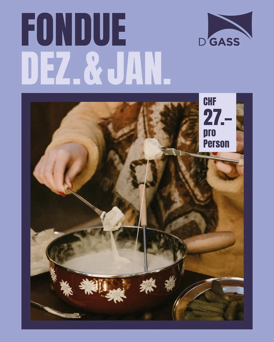 🧀 FONDUE-BAR IN DER GASS 🧀

Gem&uuml;tlich Fondue geniessen &ndash; direkt an der schicken Weihnachtsbar in der Gass und ab 4 Personen buchbar!
Dich erwarten regionale Fonduesorten und eine einzigartige Atmosph&auml;re mitten in der Gass.

✨ Preis: