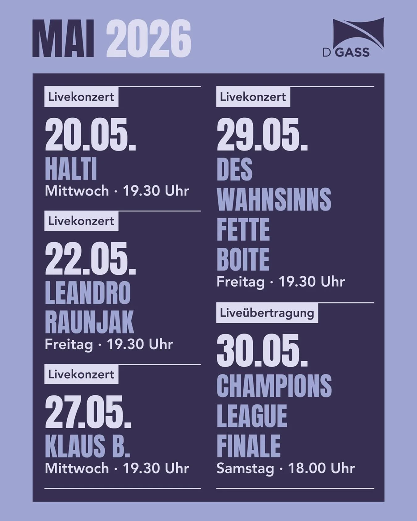 Programm Mai

Die Tage werden l&auml;nger, die Abende lauer &ndash; und wir sind sowas von bereit f&uuml;r den Fr&uuml;hling! 🌸🍹

Freu dich auf entspannte Vibes, beste Musik und erfrischende Drinks unter freiem Himmel. Ob mit Freunden, einem Feiera