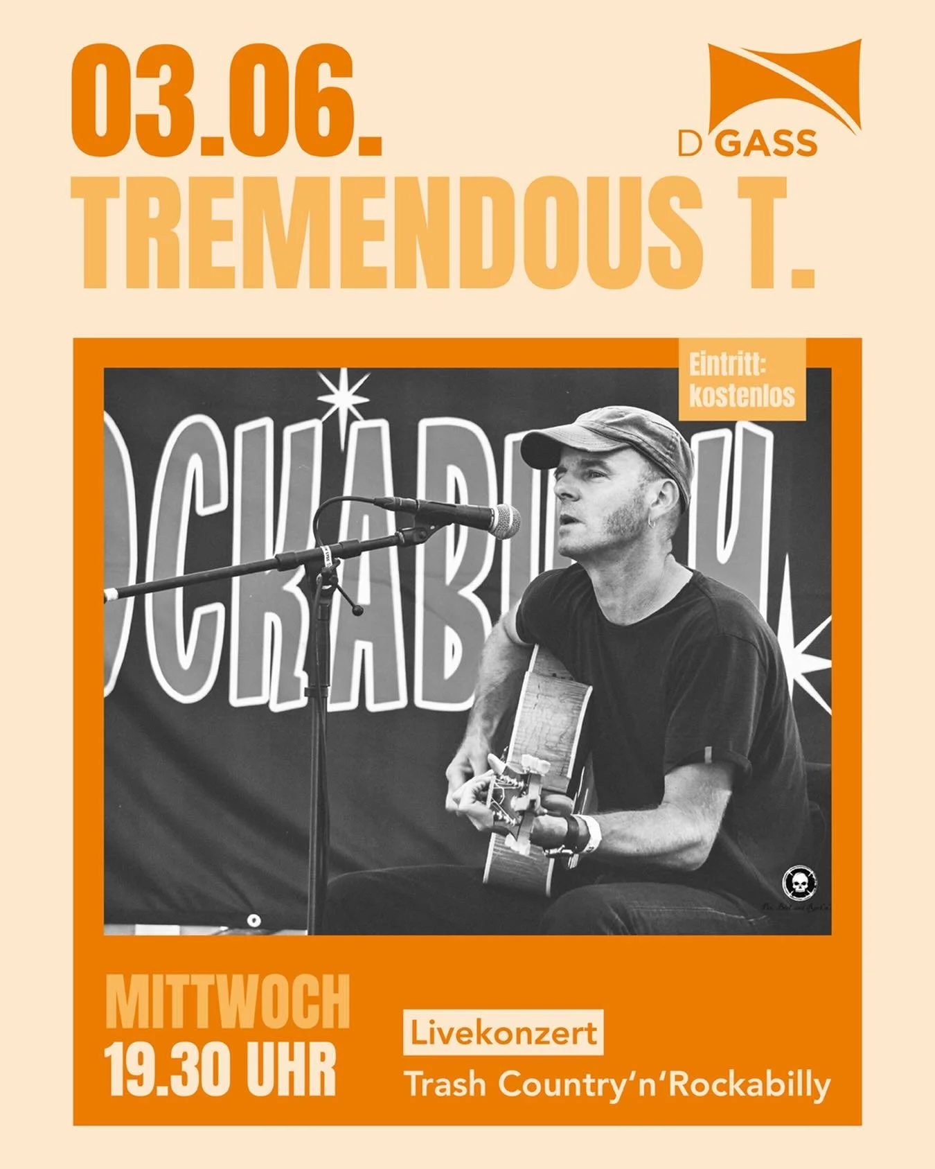 Mittwoch, 3. Juni 2026 19.30 Uhr

(Trash Country&rsquo;n&rsquo;Rockabilly)

TREMENDOUS T. ist seit 1980 auf der B&uuml;hne und aktuell bekannt als S&auml;nger und Gitarrist von THE PSYCHONAUTS und den BIKINI GIRLS . Regelm&auml;ssig macht er auch Sol