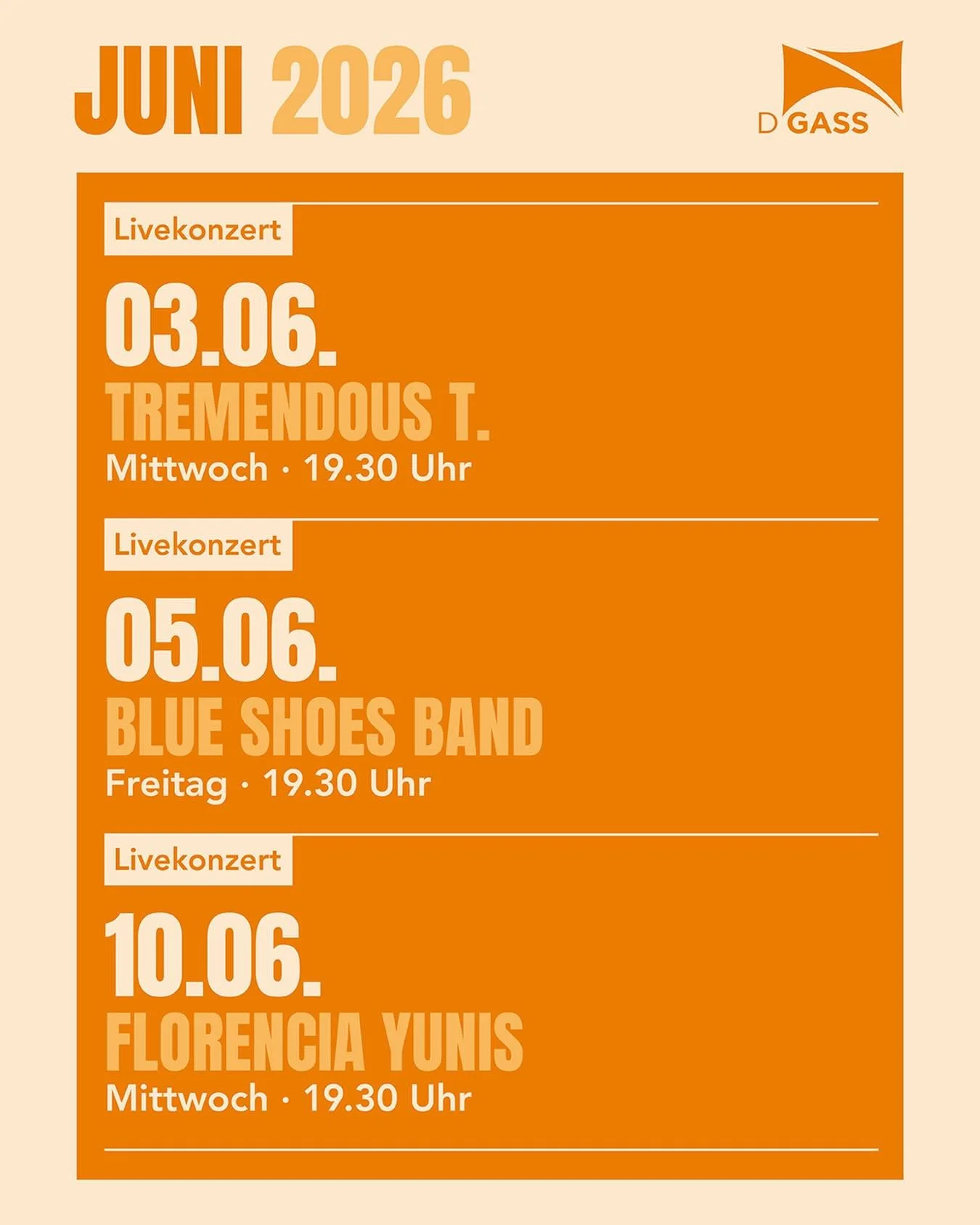 Programm Juni 🎶

Im Juni gibt es drei Livekonzerte in der Gass. Musik, Stimmung und Sommerfeeling. ✨🎸🍷

Danach machen die Livemusik-Abende bis Mitte Juli Platz f&uuml;r die Live&uuml;bertragungen der Fussball-WM ⚽📺 &ndash; bevor es musikalisch we