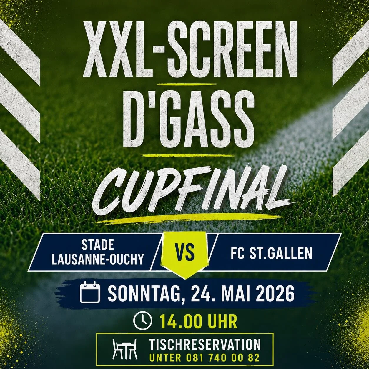 CUPFINAL ⚽️

Erlebe das grosse Finalspiel live in der Gass auf unserem XXL-Screen! 🎉
Spannung, Emotionen und Fussball-Atmosph&auml;re pur &ndash; gemeinsam mit Freunden, Fans und kalten Drinks 🍻

📅 Sonntag, 24. Mai 2026
🕑 Anpfiff: 14:00 Uhr

Tisc