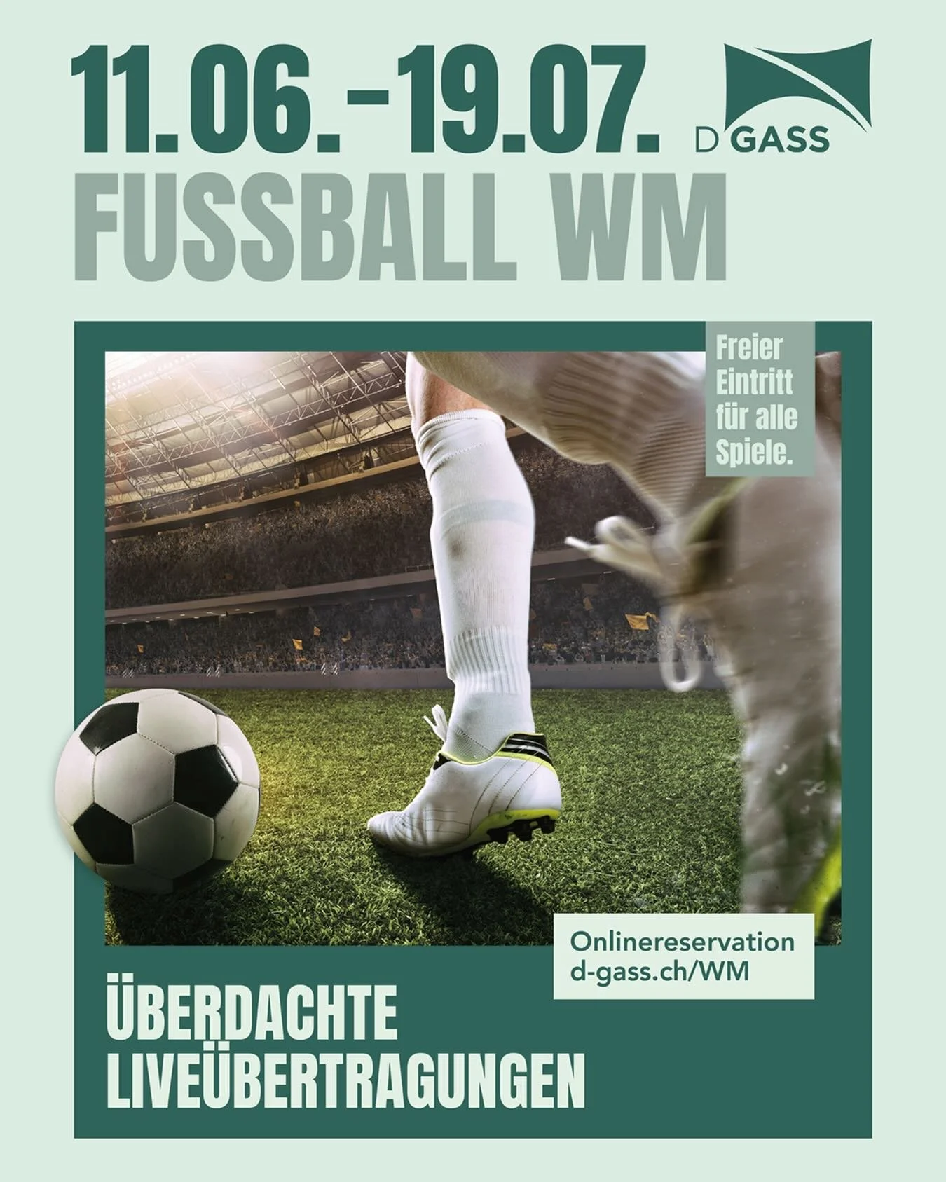 ⚽🏆 Fussball-WM Live&uuml;bertragung🏆⚽

Ab sofort k&ouml;nnt ihr euch eure Pl&auml;tze f&uuml;r die Live-&Uuml;bertragungen in der GASS sichern! 🙌

📅 11.06. &ndash; 19.07.
📍 &Uuml;berdachte Live&uuml;bertragungen
🎟️ Freier Eintritt f&uuml;r alle