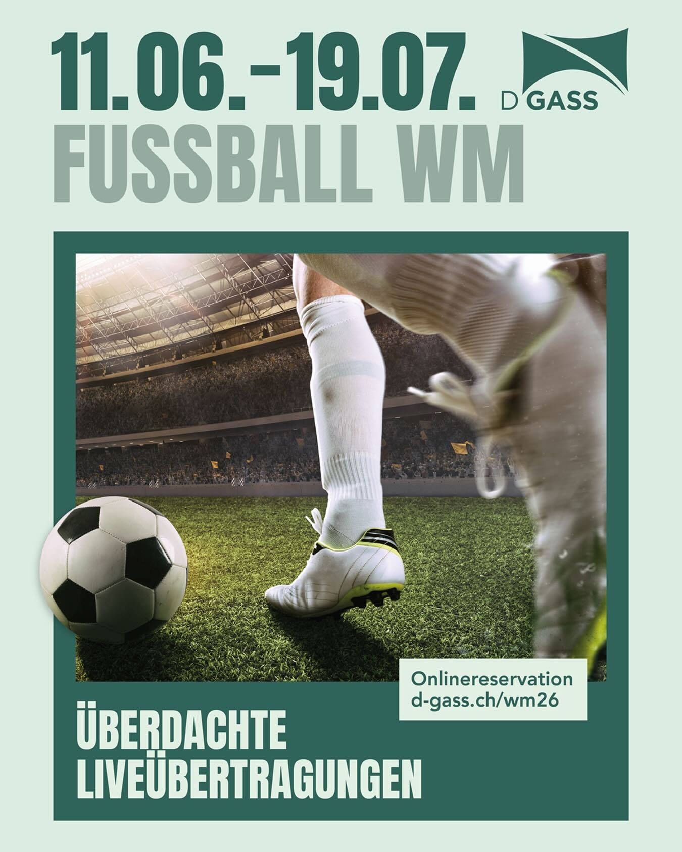 ⚽🏆 Fussball-WM Live&uuml;bertragung🏆⚽

Ab sofort k&ouml;nnt ihr euch eure Pl&auml;tze f&uuml;r die Live-&Uuml;bertragungen in der GASS sichern! 🙌

📅 11.06. &ndash; 19.07.
📍 &Uuml;berdachte Live&uuml;bertragungen
🎟️ Freier Eintritt f&uuml;r alle
