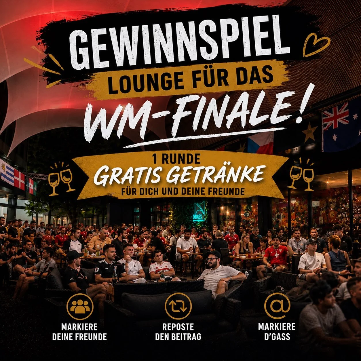 🏆GEWINNE UNSERE LOUNGE F&Uuml;R DAS WM-FINALE! 

Was f&uuml;r ein unglaublicher Monat! 🤩⚽

Gemeinsam haben wir mitgefiebert, gejubelt, gezittert und jede Menge unvergessliche WM-Momente erlebt. Eure Stimmung hat d&rsquo;Gass zu etwas ganz Besondere