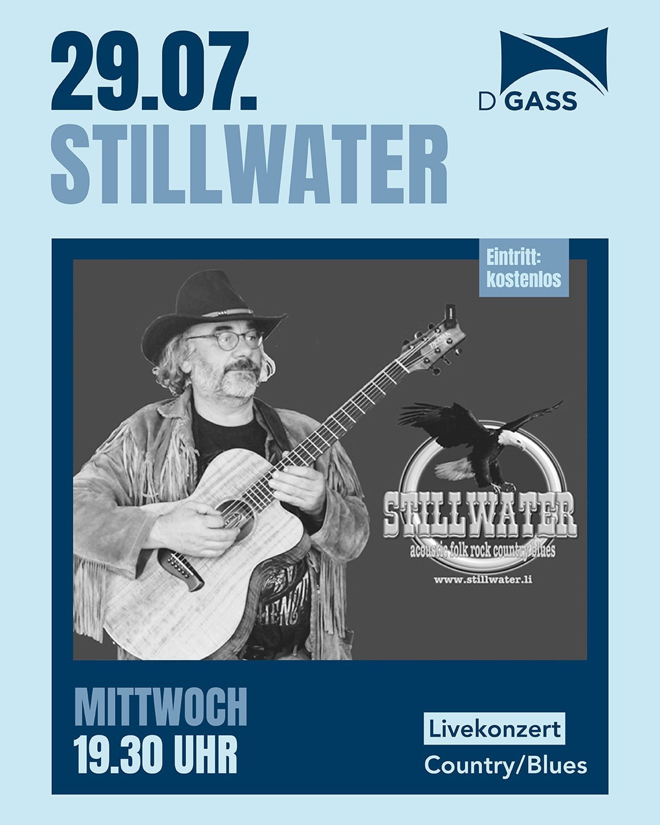 Mittwoch, 29. Juli 2026, 19.30 Uhr

Livekonzert Stillwater (Country, Blues)

Seit nunmehr 30 Jahren begeistert Walter Schweizer, alias Stillwater, sein Publikum mit Eigenkompositionen und ausgew&auml;hlten Covers.

Bei der abwechslungsreichen Auswahl