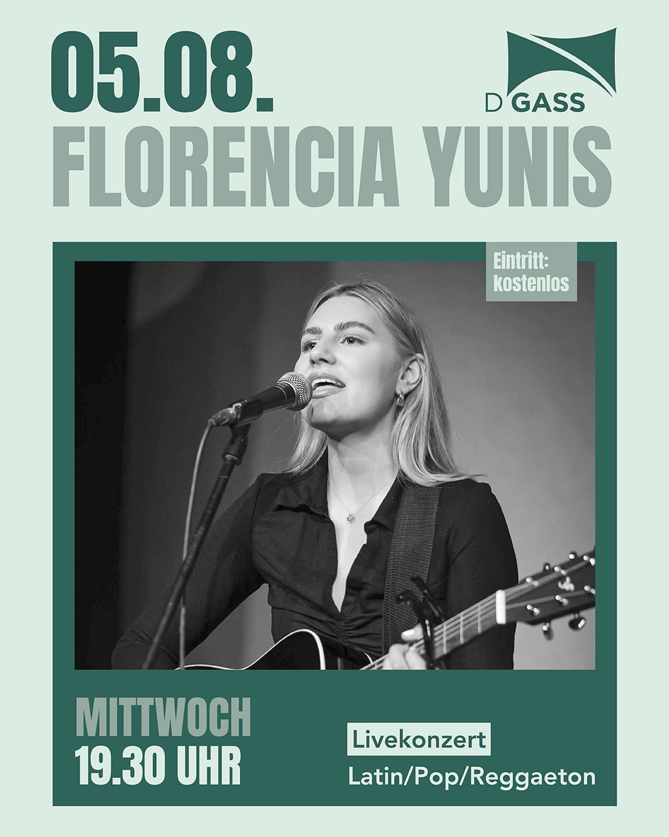 Mittwoch, 5. August 2026, 19.30 Uhr

Florencia Yunis

Ein Mix aus Pop, Reg&shy;gae&shy;ton und R&rsquo;n&rsquo;B mit
Ohr&shy;wurm-Po&shy;ten&shy;zi&shy;al. Florencia ist diese Saison bereits zum 2. Mal in der Gass, ihr Sound passt perfekt zur aktuell