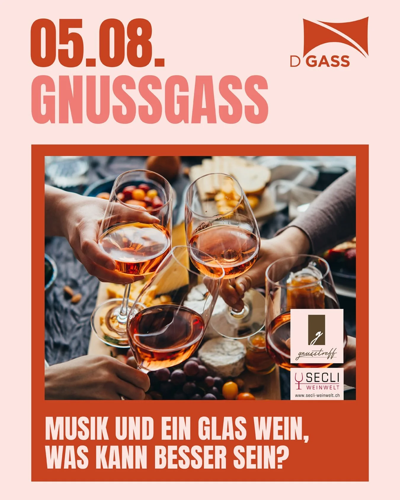 Mittwoch, 5. August 2026

Gnussgass in der Gass. Erlesene Weine, beste Livemusik, Sommerfeeling pur.

Mit wem geniesst du deinen Sommerabend in der Gass?

#livemusik #geniessen