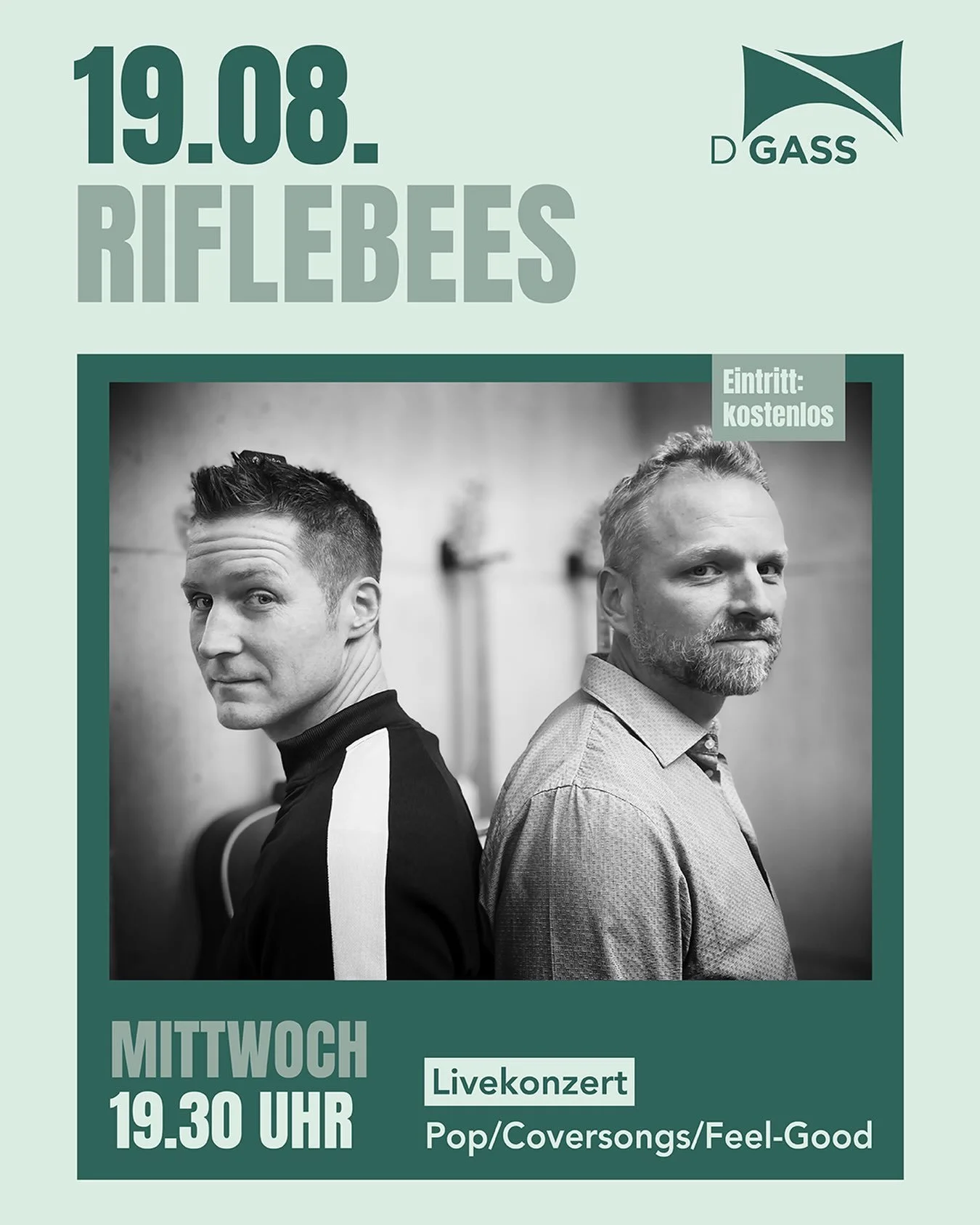 Mittwoch, 19. August 2026, 19.30 Uhr

LIVEMUSIK: Riflebees

Ein Akustikduo mit kanadischen und schwedischen Musikern bieten ein entspanntes und angenehmes Musikerlebnis. Sie decken eine breite Palette von &bdquo;Feel-Good&ldquo; Musik ab.

#idegassla