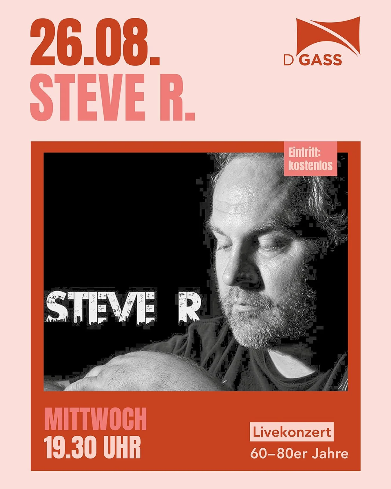 Mittwoch, 26. August 2026, 19.30 Uhr

LIVEKONZERT: Steve R.

Steve R. spielt Songs der 60-80er Jahre gespickt mit Eigenkompositionen in der Tradition der Singer/Songwriter.
Rock meets Folk meets Music in general...Geschichten zu seinen 7 Jahren on th
