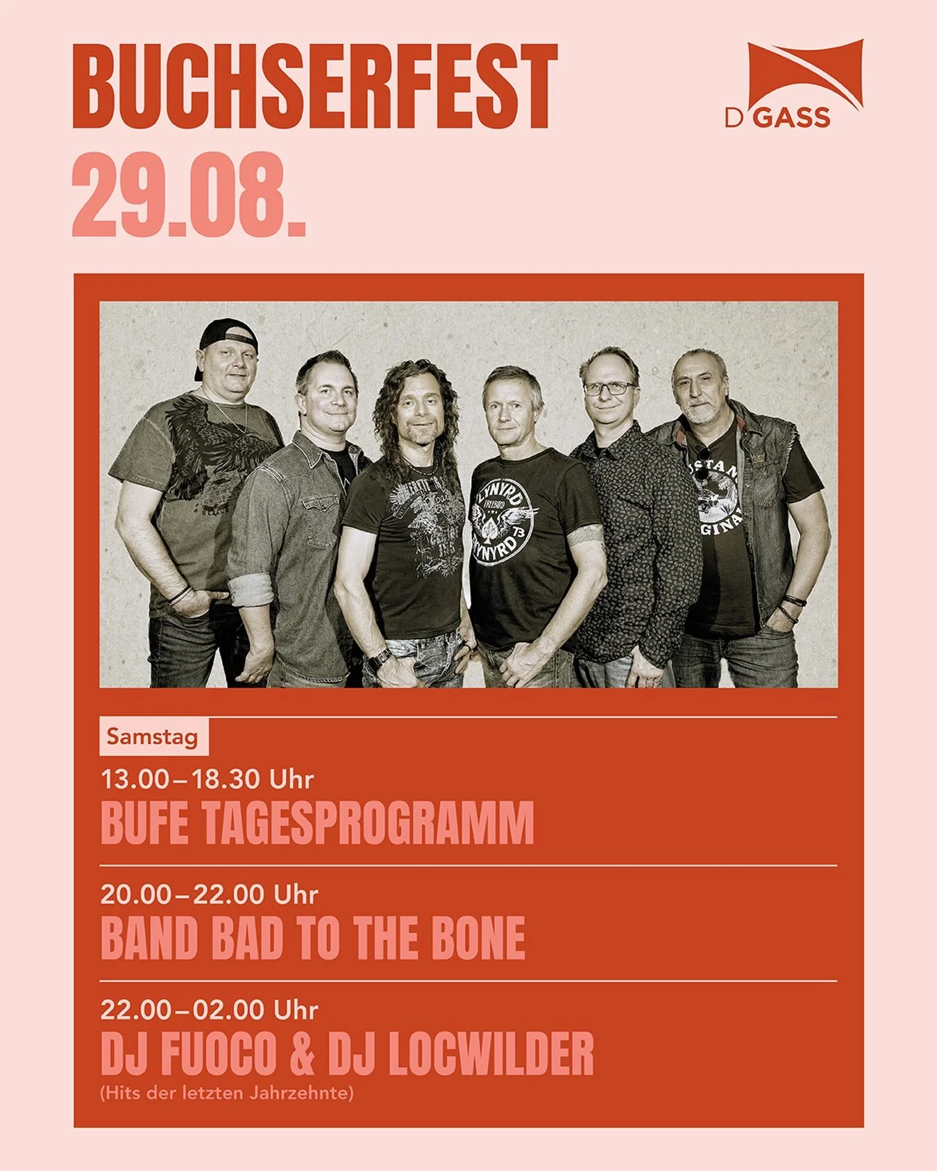 BUCHSERFEST 2026

Am Samstag, 29.08., erwartet euch ein abwechslungsreiches Programm mit Musik, Party und bester Stimmung! 🥳

🎉 13:00&ndash;18:30 Uhr &ndash; Buntes Tagesprogramm
🎸 20:00&ndash;22:00 Uhr &ndash; Live: Bad to the Bone
🕺 22:00&ndash