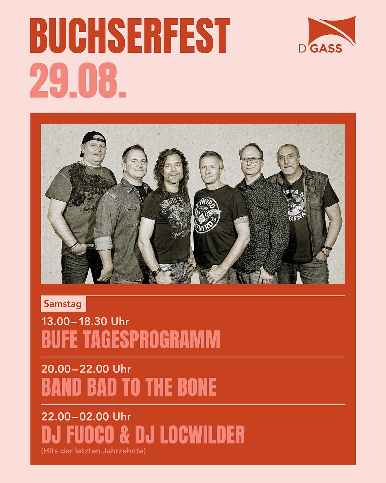 BUCHSERFEST 2026

Am Samstag, 29.08., erwartet euch ein abwechslungsreiches Programm mit Musik, Party und bester Stimmung! 🥳

🎉 13:00&ndash;18:30 Uhr &ndash; Buntes Tagesprogramm
🎸 20:00&ndash;22:00 Uhr &ndash; Live: Bad to the Bone
🕺 22:00&ndash