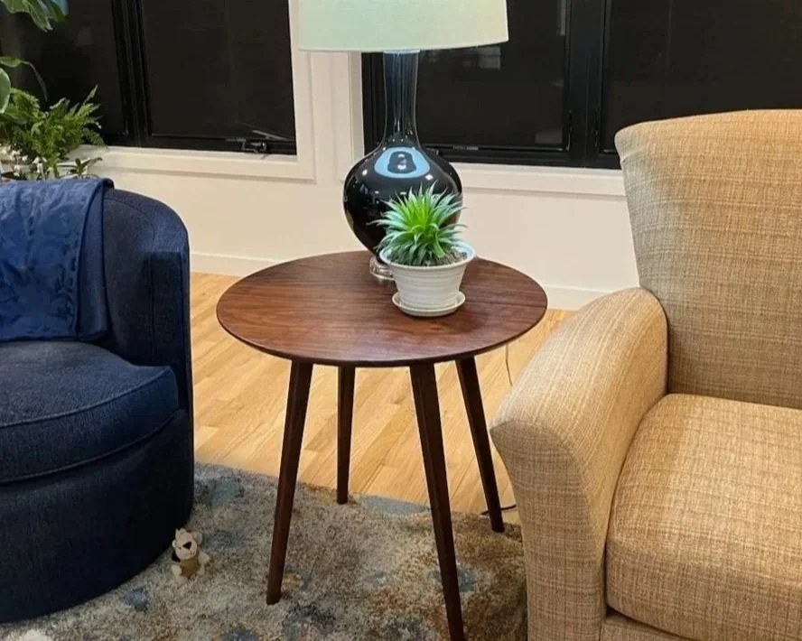 Round Walnut End Table with Tapered Legs - Custom built in Lakeville Minnesota