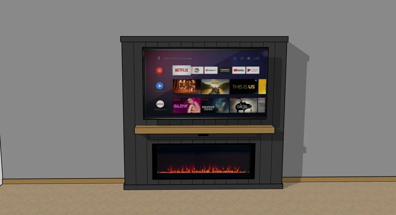 A digital illustration of a black entertainment center with a flat-screen smart TV displaying streaming services and a fireplace below it, set against a gray wall with a beige carpeted floor.