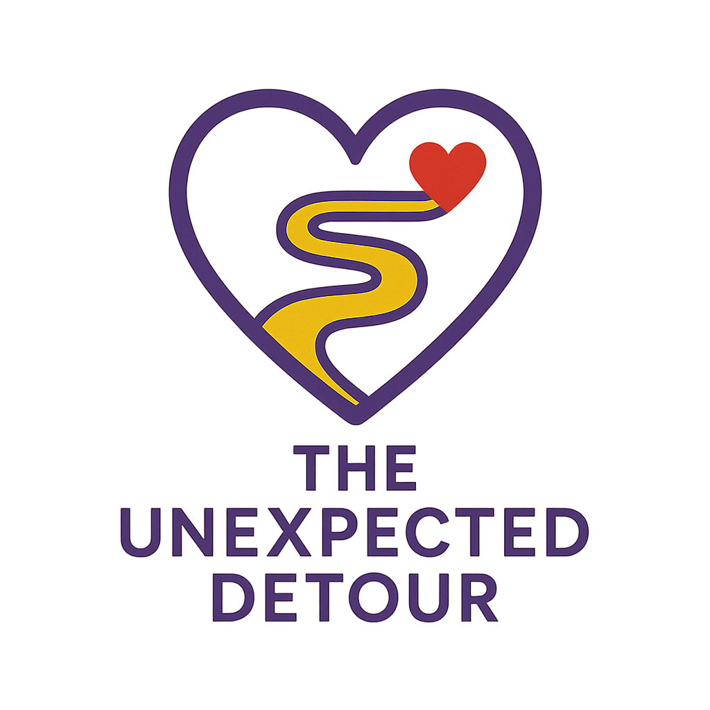Heart-shaped sign with a yellow and purple winding path leading to a red heart in the top right corner, and text below that reads 'The Unexpected Detour'.