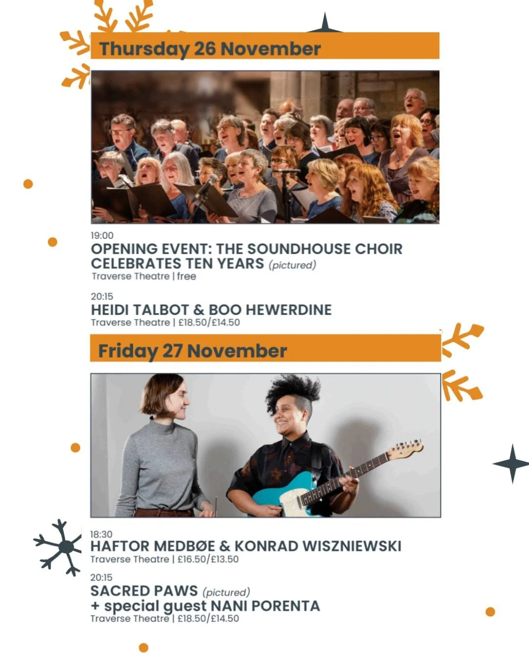 Only 1 month to go! Sound the winter klaxon! 📢❄️ 

Now that the clocks have gone back and it gets dark at approximately 5PM, it's the perfect time to start planning for Soundhouse Winter Fest. Who are you planning to see? You have 1 month to choose!