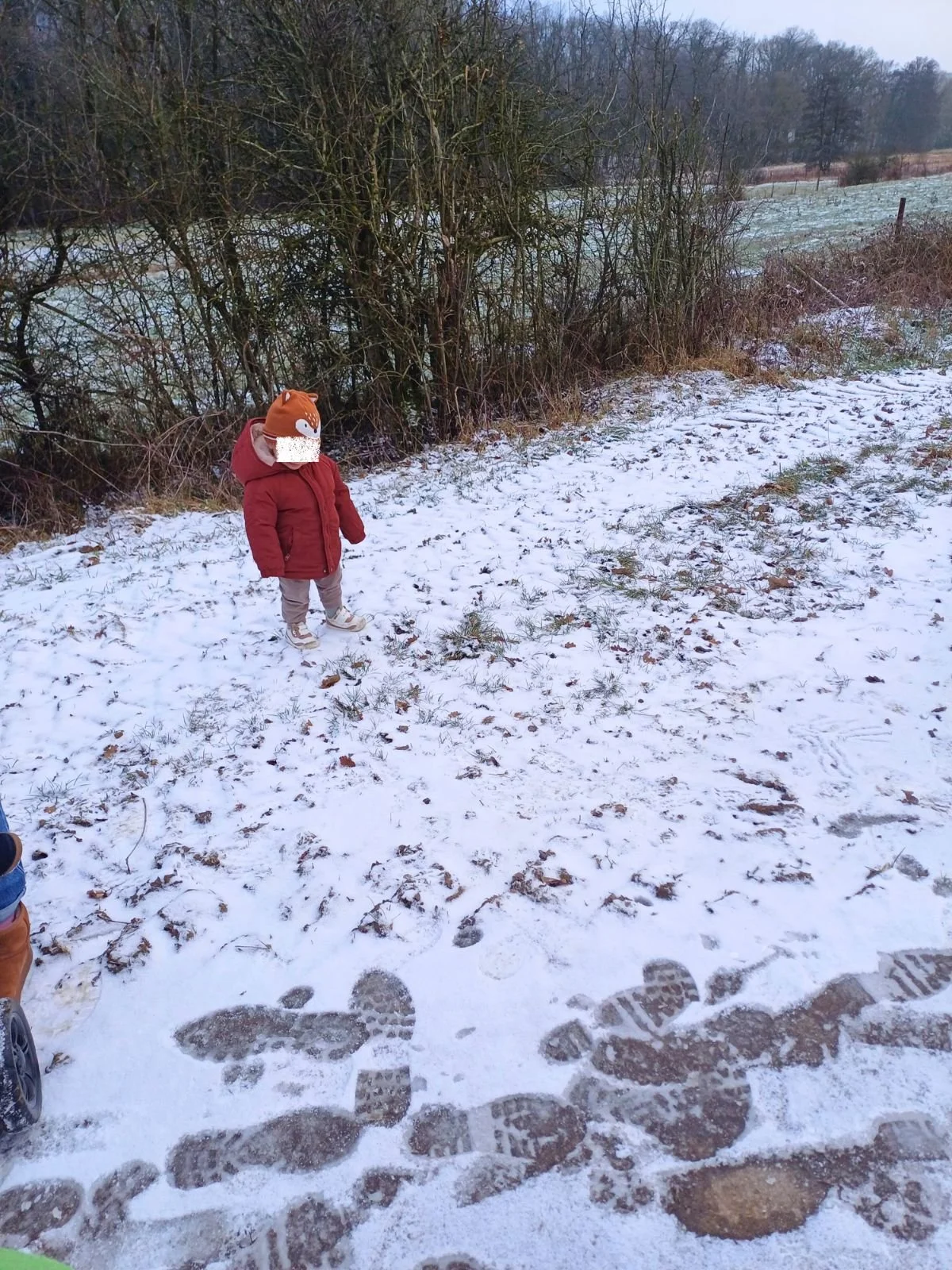 Enfant en bas âge explorant la neige lors d’une sortie extérieure en crèche, découverte sensorielle de l’hiver en milieu naturel au Luxembourg