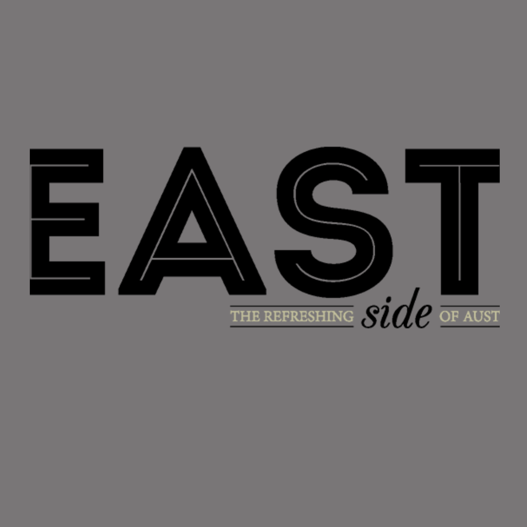 Stylized text reading 'EAST The Refreshing Side of Aust' on a gray background.