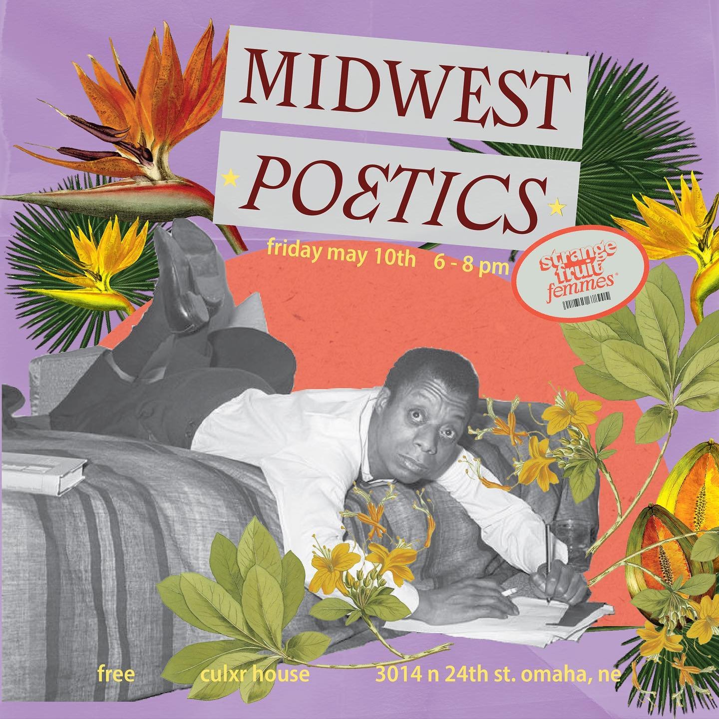 On Friday, May 10, 2024, Strange Fruit Femmes will be partnering with Omaha&rsquo;s Culxr House for our second Midwest Poetics program of the year. 

We will be writing in response to 30 writing prompts shared by writer and poet Beau Sia. These writi