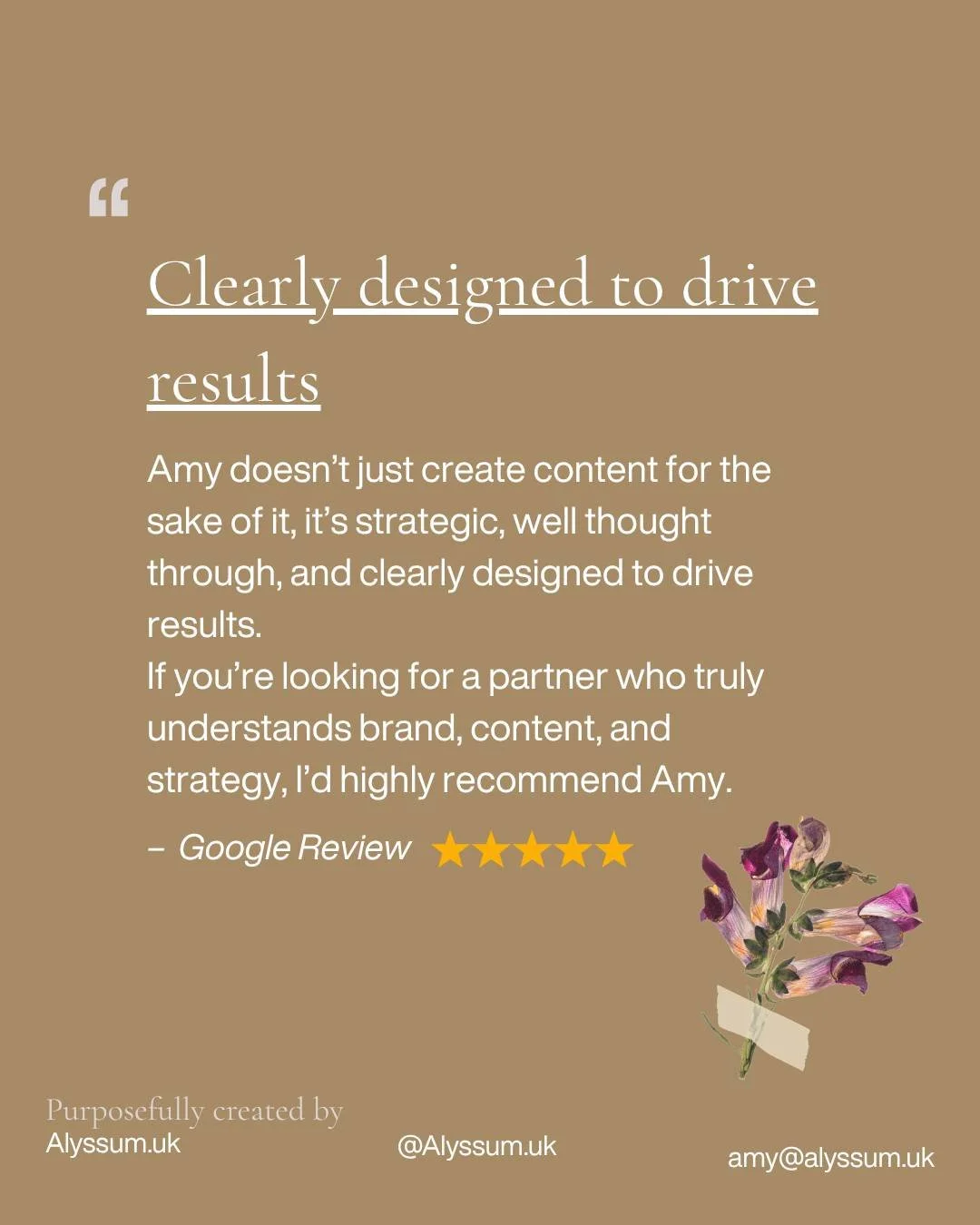 🌸 Strategic marketing should always have a clear purpose.

This way every piece of content works harder for you, helping to:
- communicate your message clearly
- build trust
- attract the right people
- drive business growth

&mdash;
Alyssum. Purpos