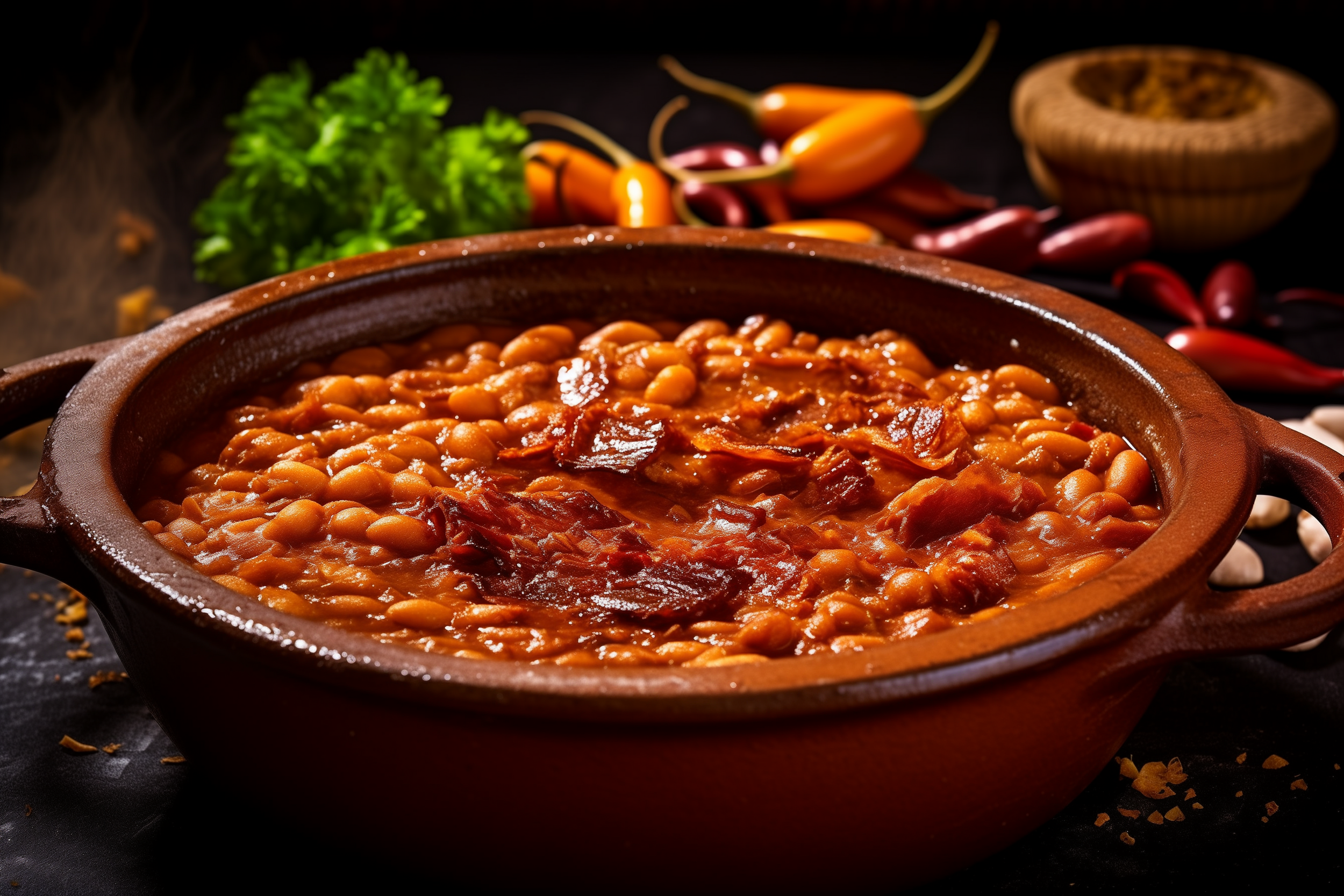 BBQ Sides, barbeque beans cooked low and slow.