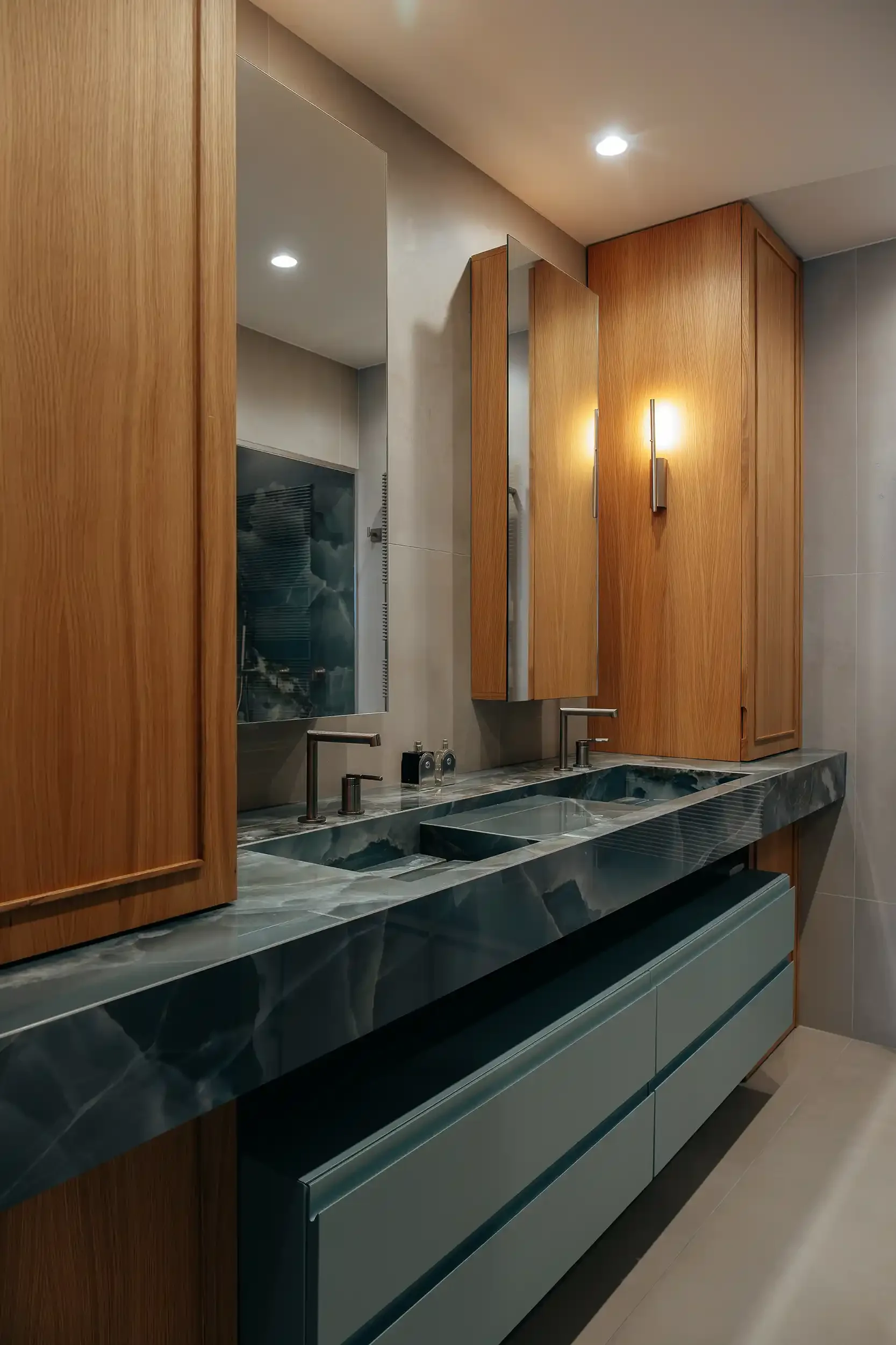 Double vasque luxueuse en onyx bleu veiné intégrée dans un meuble de salle de bain en bois sur mesure.