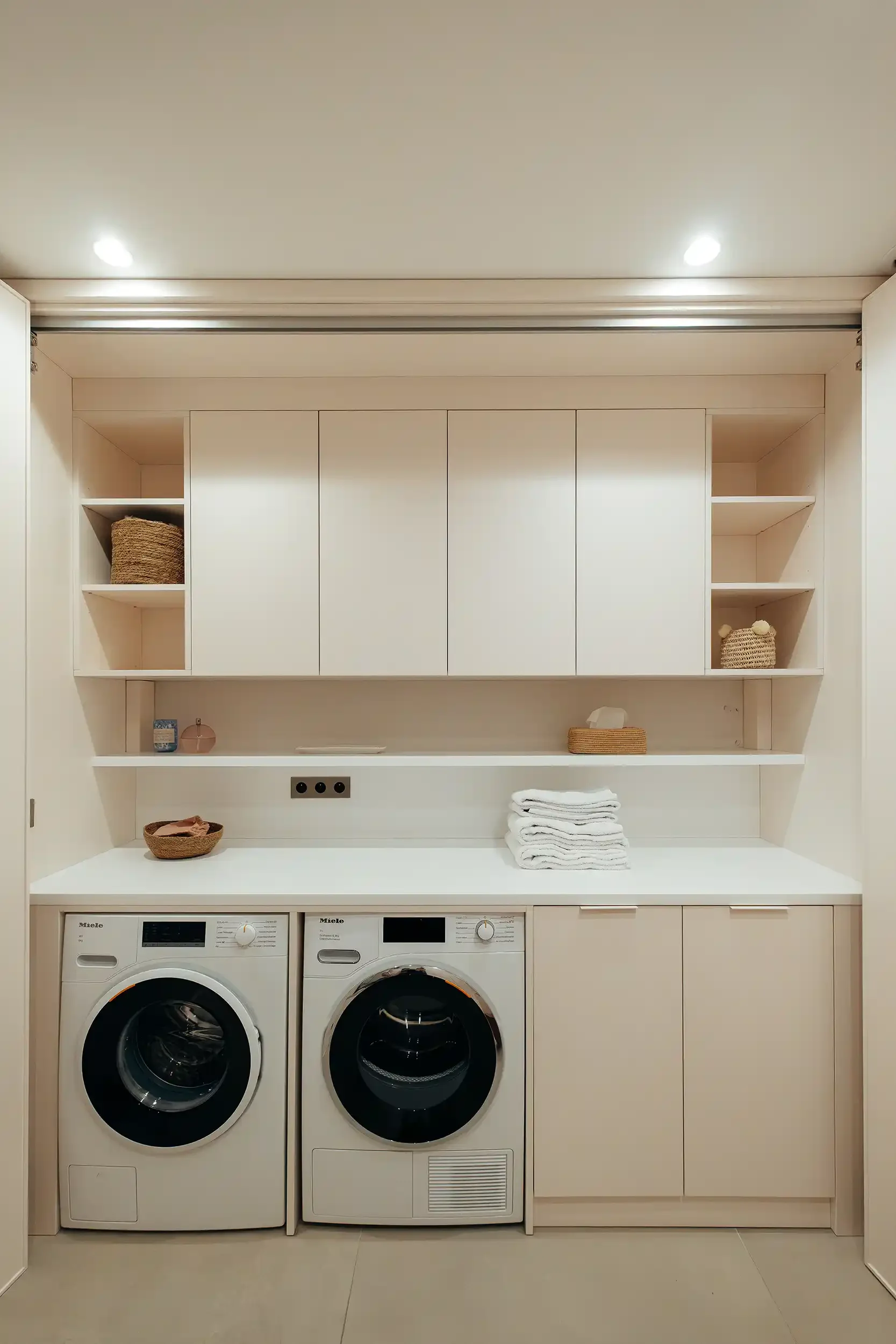 Espace buanderie optimisé avec double machine à laver, étagères de rangement et paniers en osier dans une niche éclairée.
