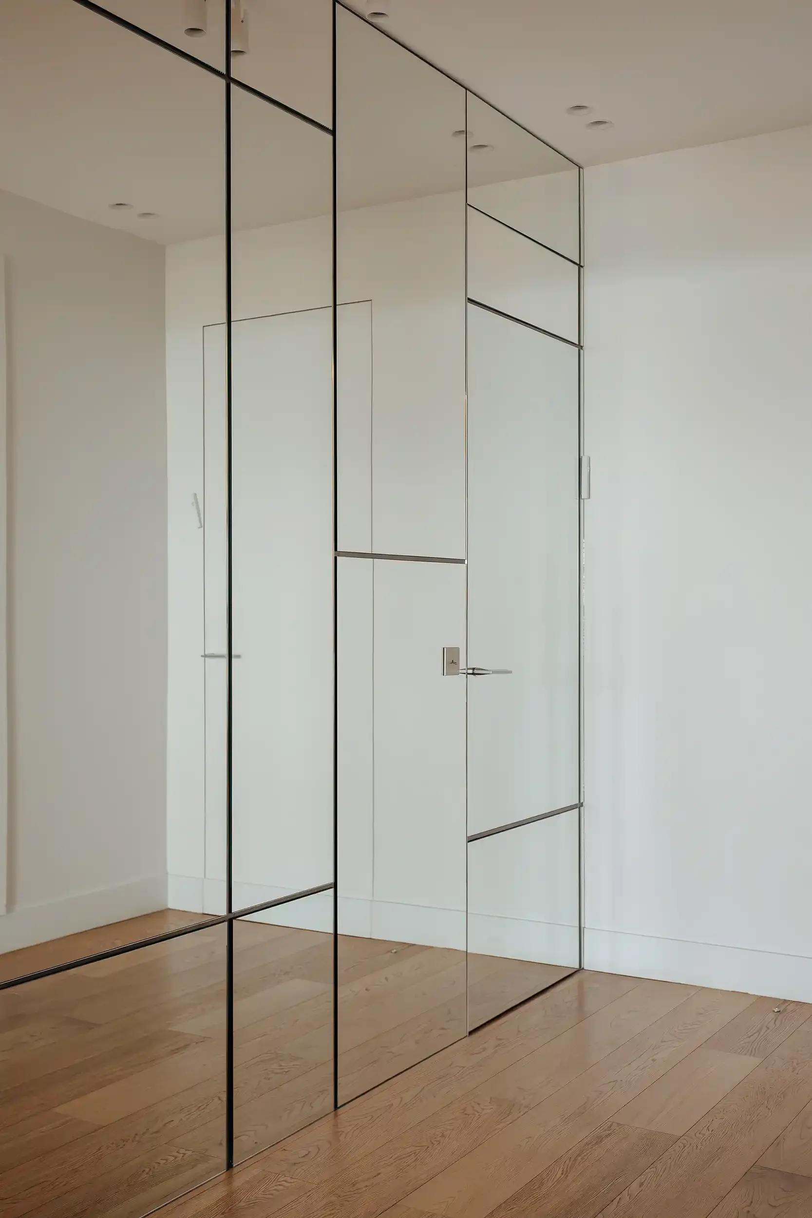 Entrée avec cloison de séparation fixe en miroir avec menuiserie métallique fine et porte invisible dans un appartement parisien.