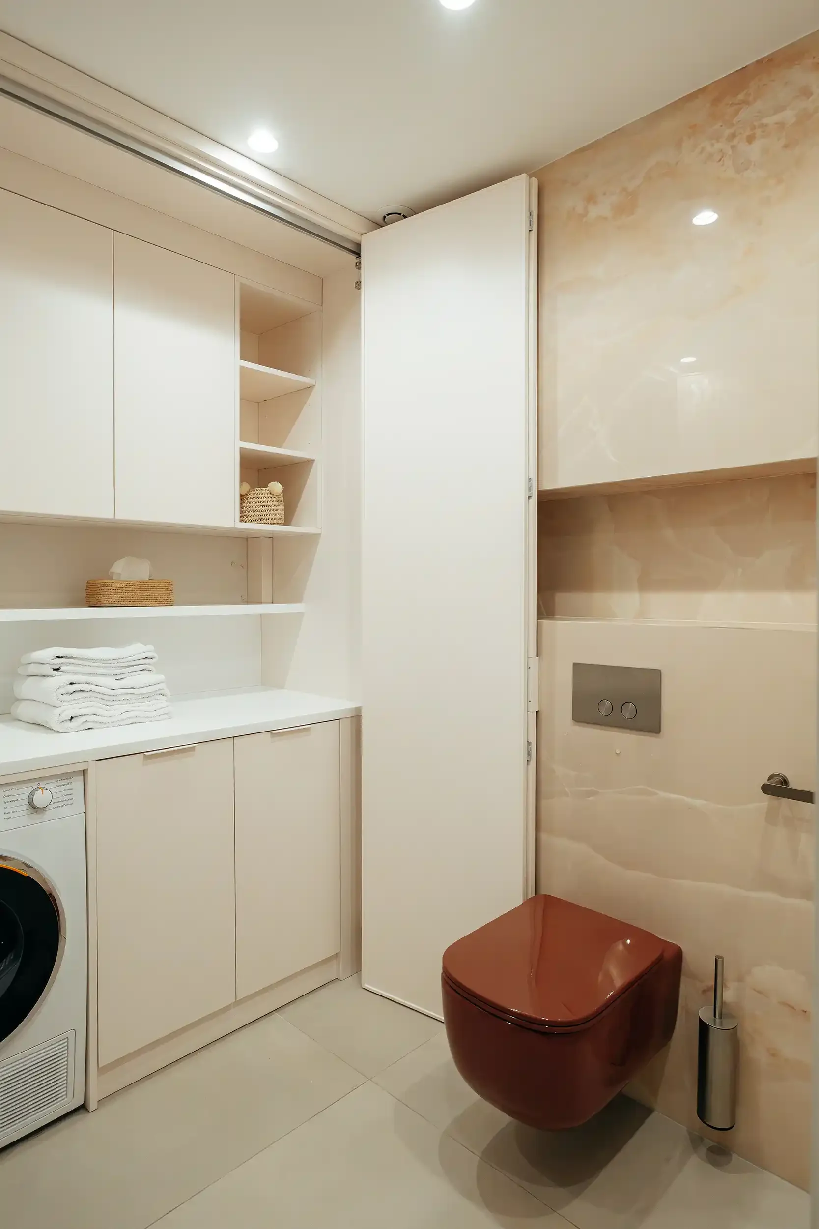 Espace buanderie et toilettes avec WC suspendu terracotta brillant, rangements blancs sur mesure et mur en onyx rose.