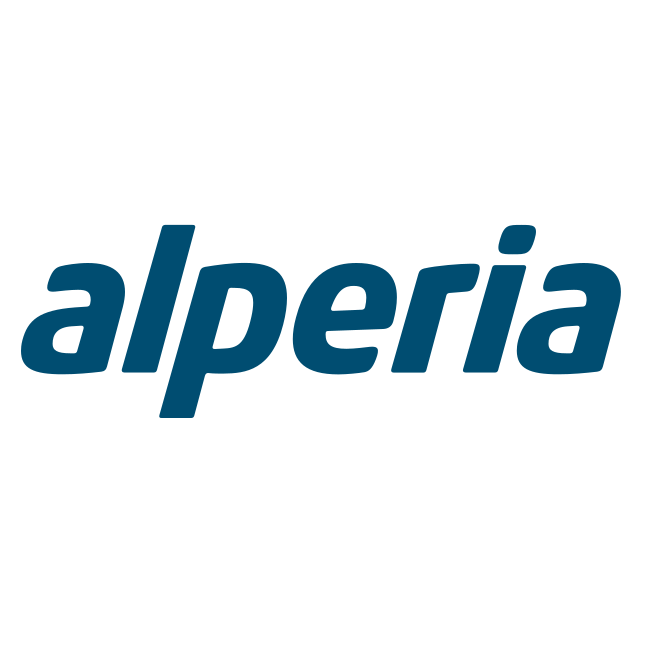 The image shows a logo with the word 'alperia' written in blue lowercase letters on a black background.