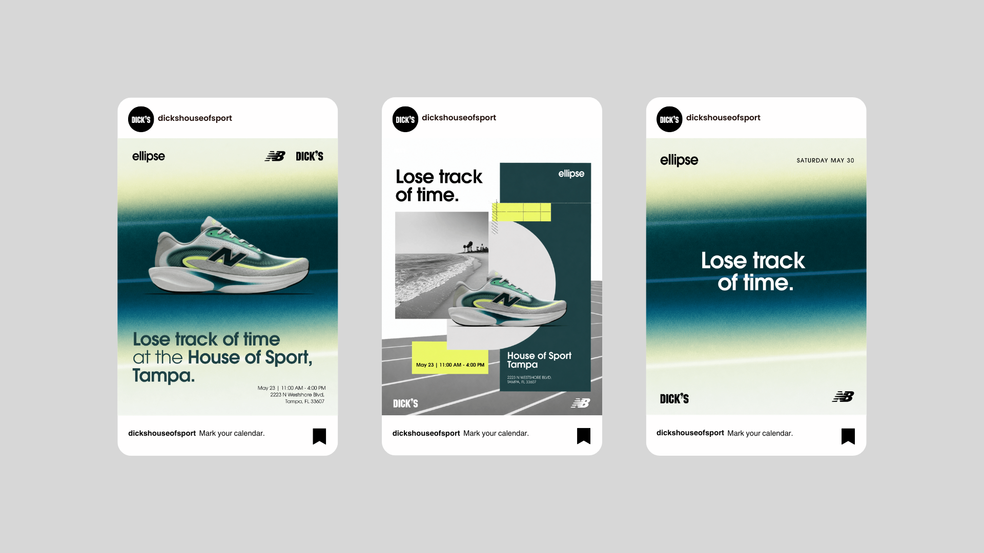 Instagram campaign mockups showcasing digital marketing assets for a conceptual New Balance experiential retail activation.