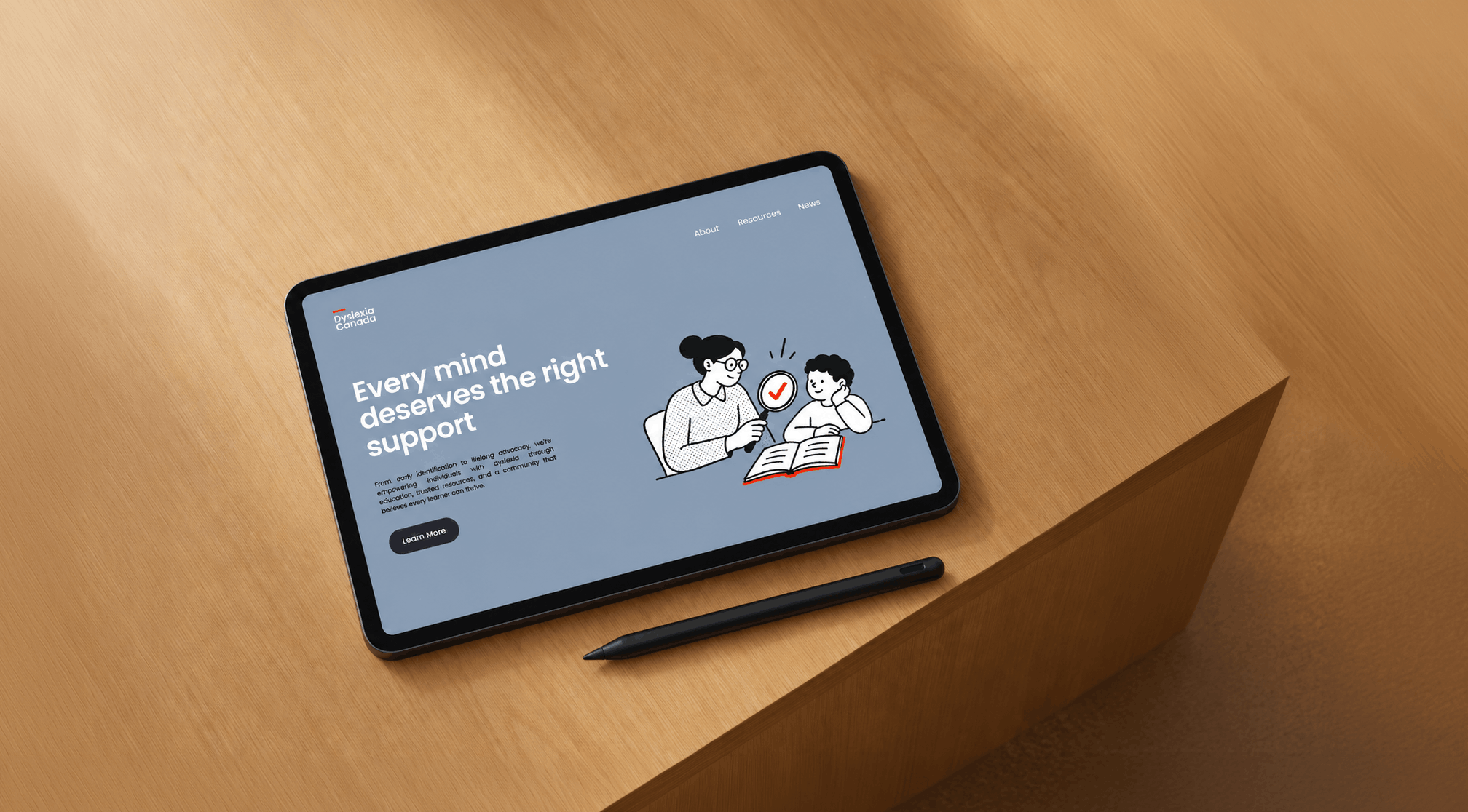 Tablet displaying the Dyslexia Canada website homepage, showcasing the nonprofit's accessible web design, custom illustrations, and refreshed visual identity.