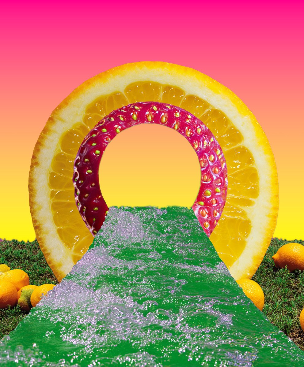 A surreal digital artwork featuring large slices of orange and strawberry arranged in a circular formation, with a green pathway leading through a field of small orange fruits towards the horizon under a gradient pink to yellow sky.