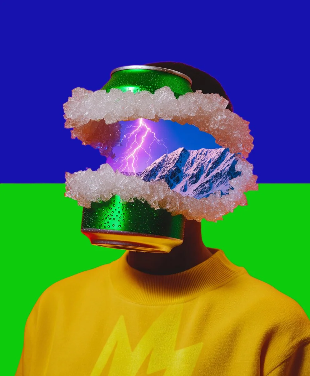 A person wearing a yellow sweatshirt with a mountain landscape, lightning, salt crystals, and a soda can digitally superimposed over their face against a blue and green background.